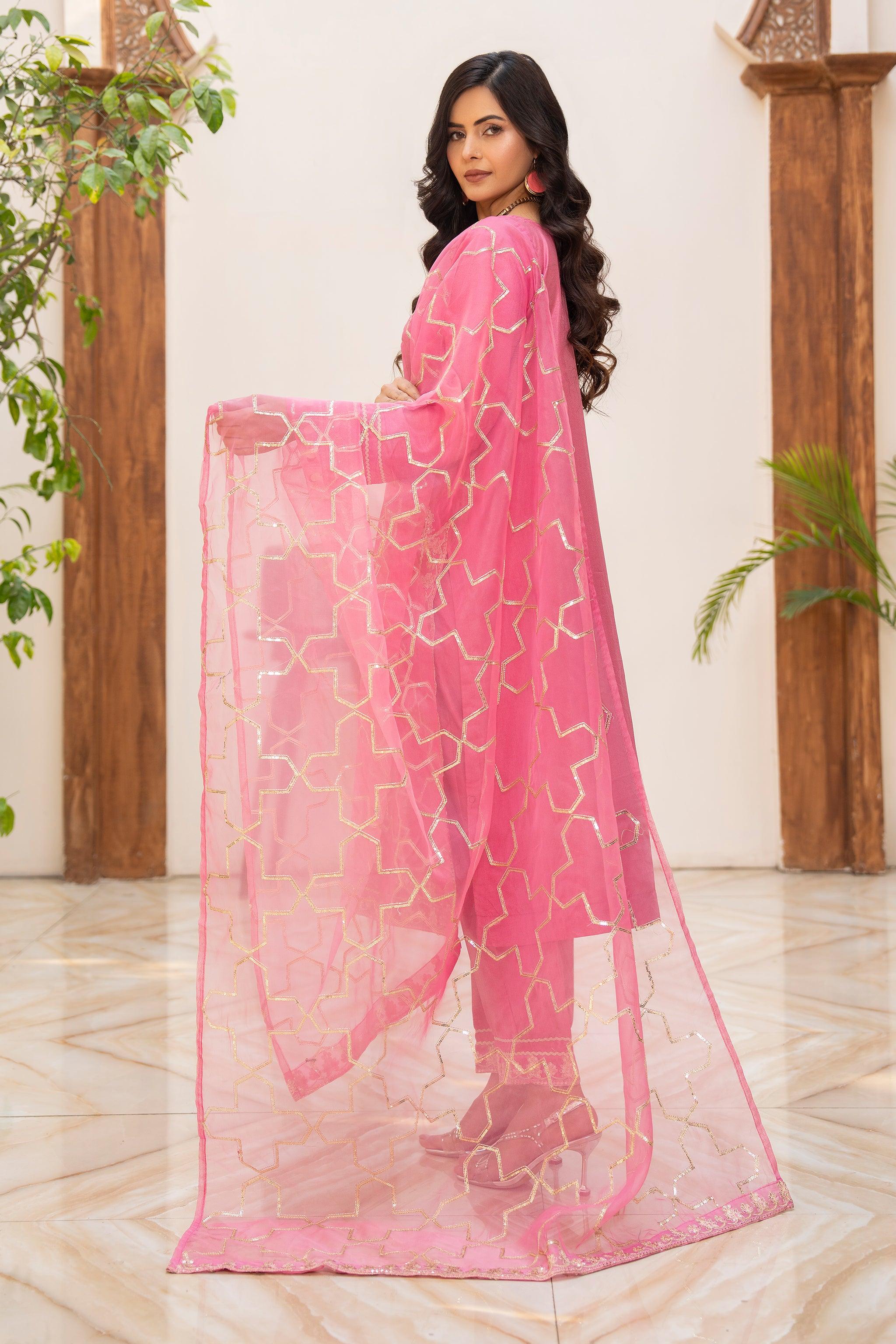 3 Piece Pink Thai Silk Ready To Wear - AR-3438 - ARFARIWAJ