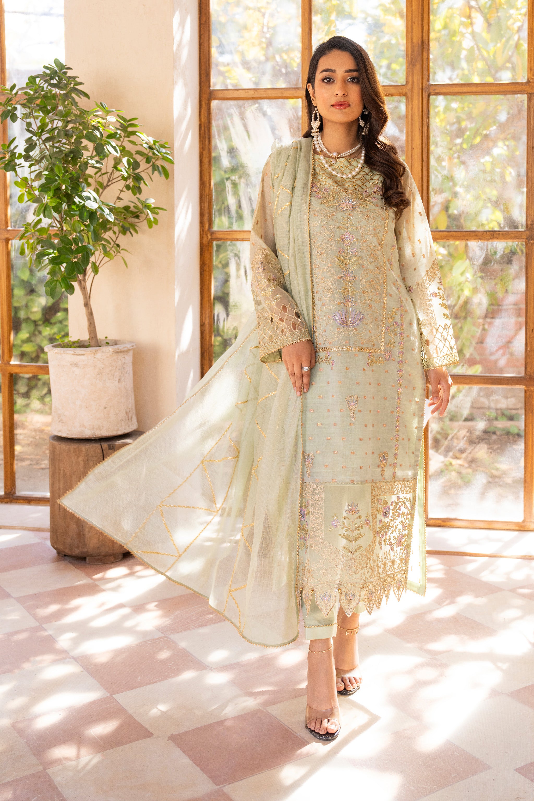 3 Piece Pistachio Zari Jacquard RTW - AR-3736 - ARFARIWAJ