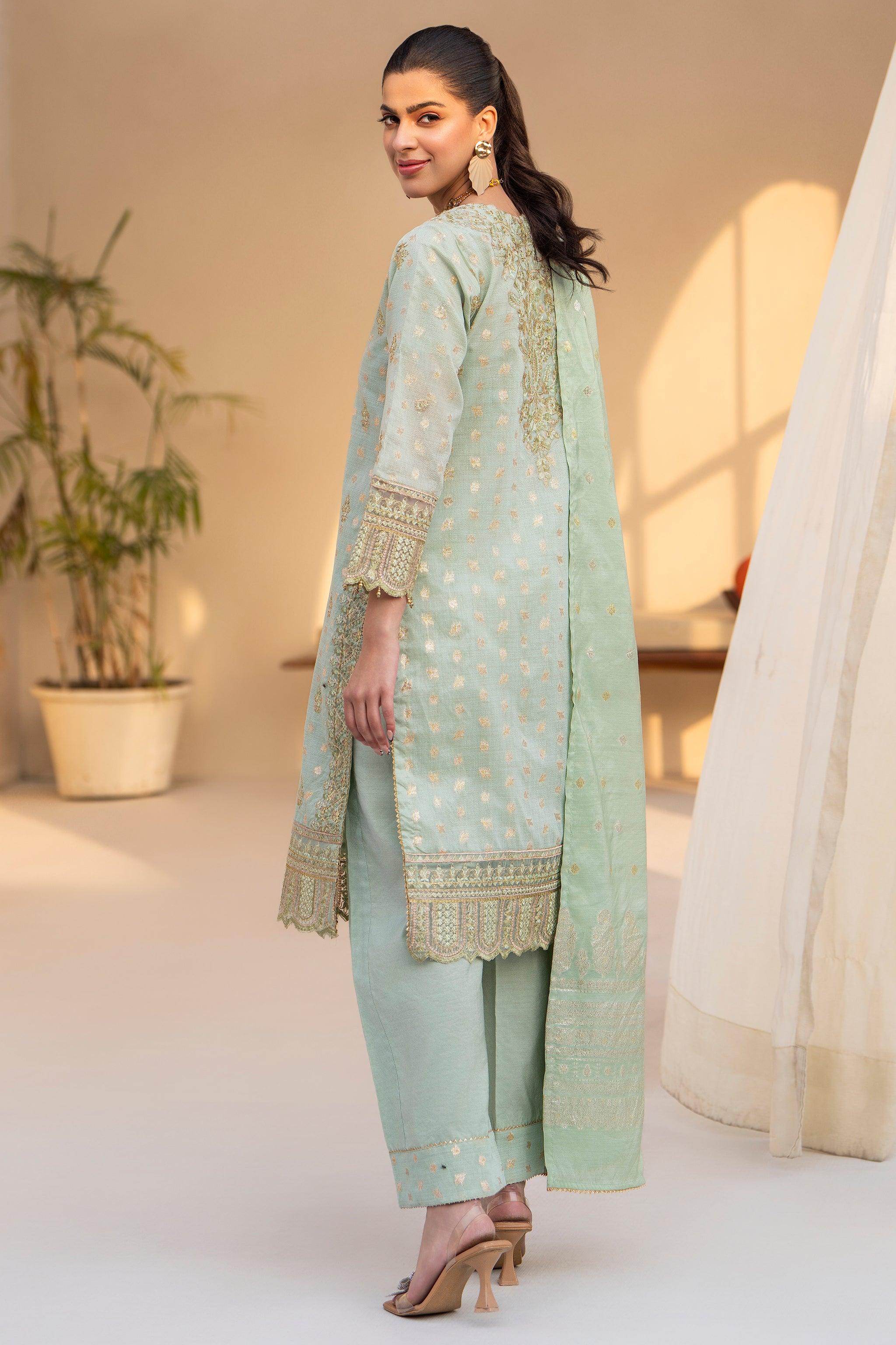 3 Piece Pistachio Zari Jacquard Ready To Wear - AR-3384 - ARFARIWAJ