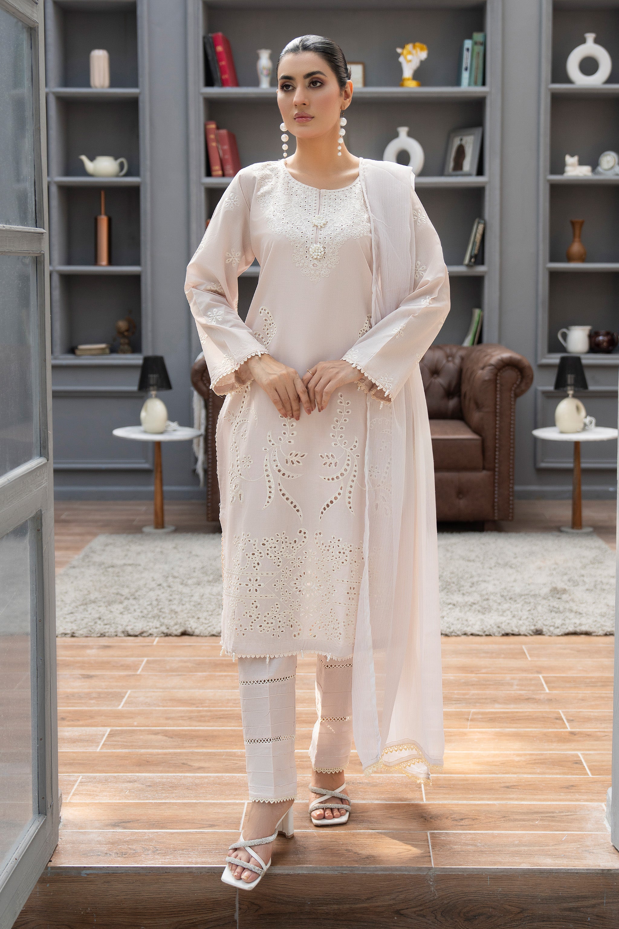 3 Piece Ready To Wear Beige Cambric Suit - AR-3878 - ArfaRiwaj