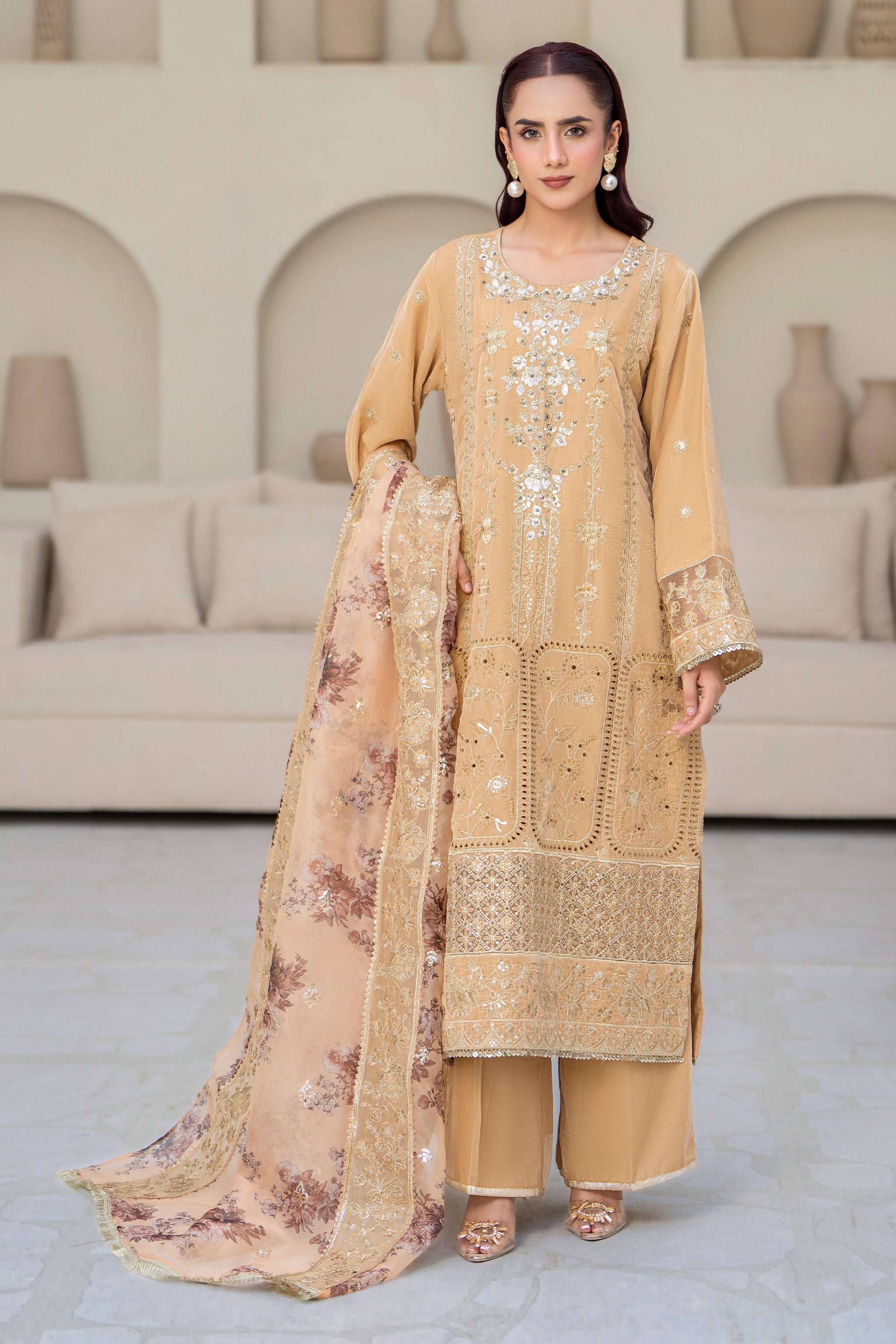 3 Piece Ready To Wear Beige Velvet Suit - IN-391 - ARFARIWAJ