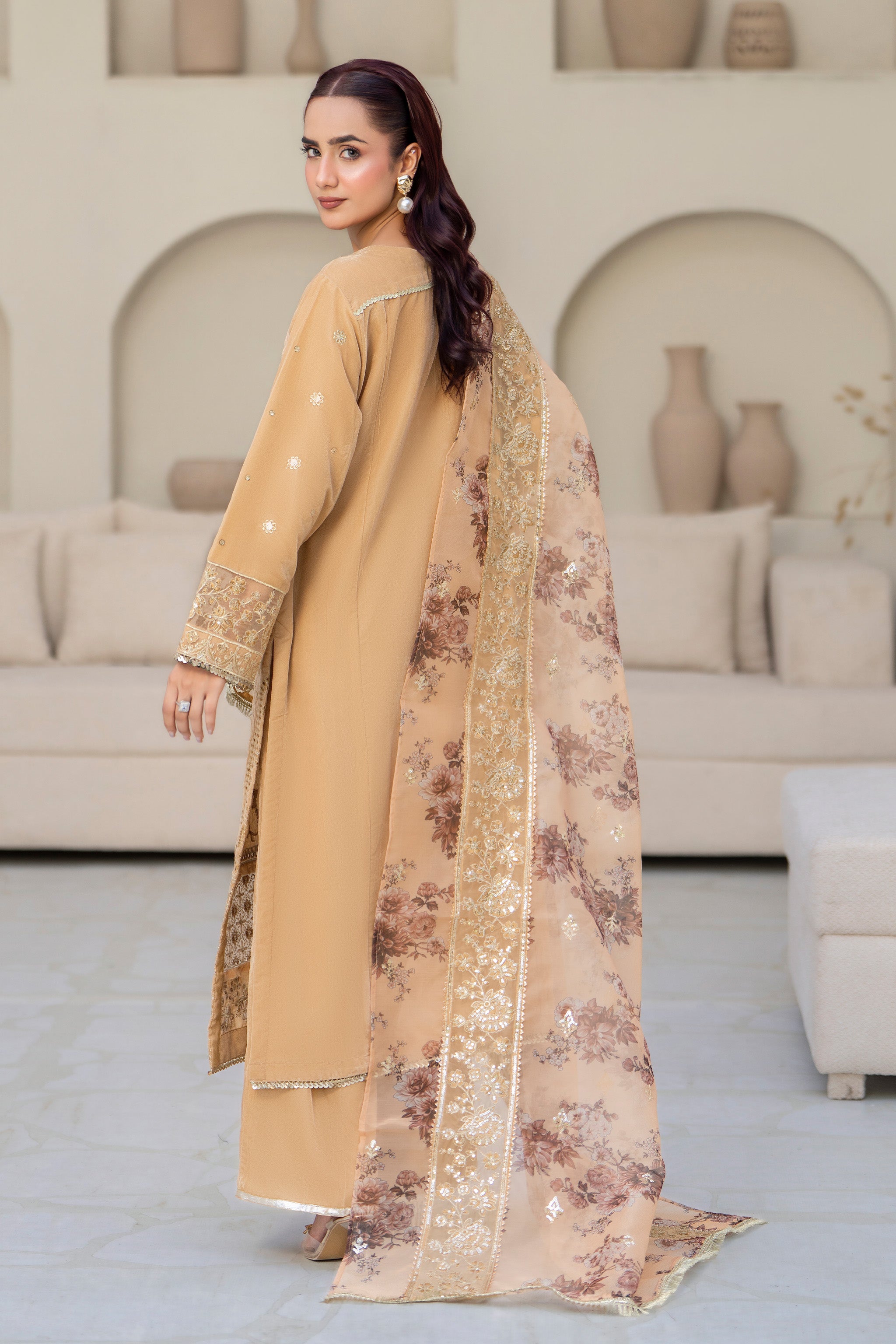 3 Piece Ready To Wear Beige Velvet Suit - IN-391 - ARFARIWAJ