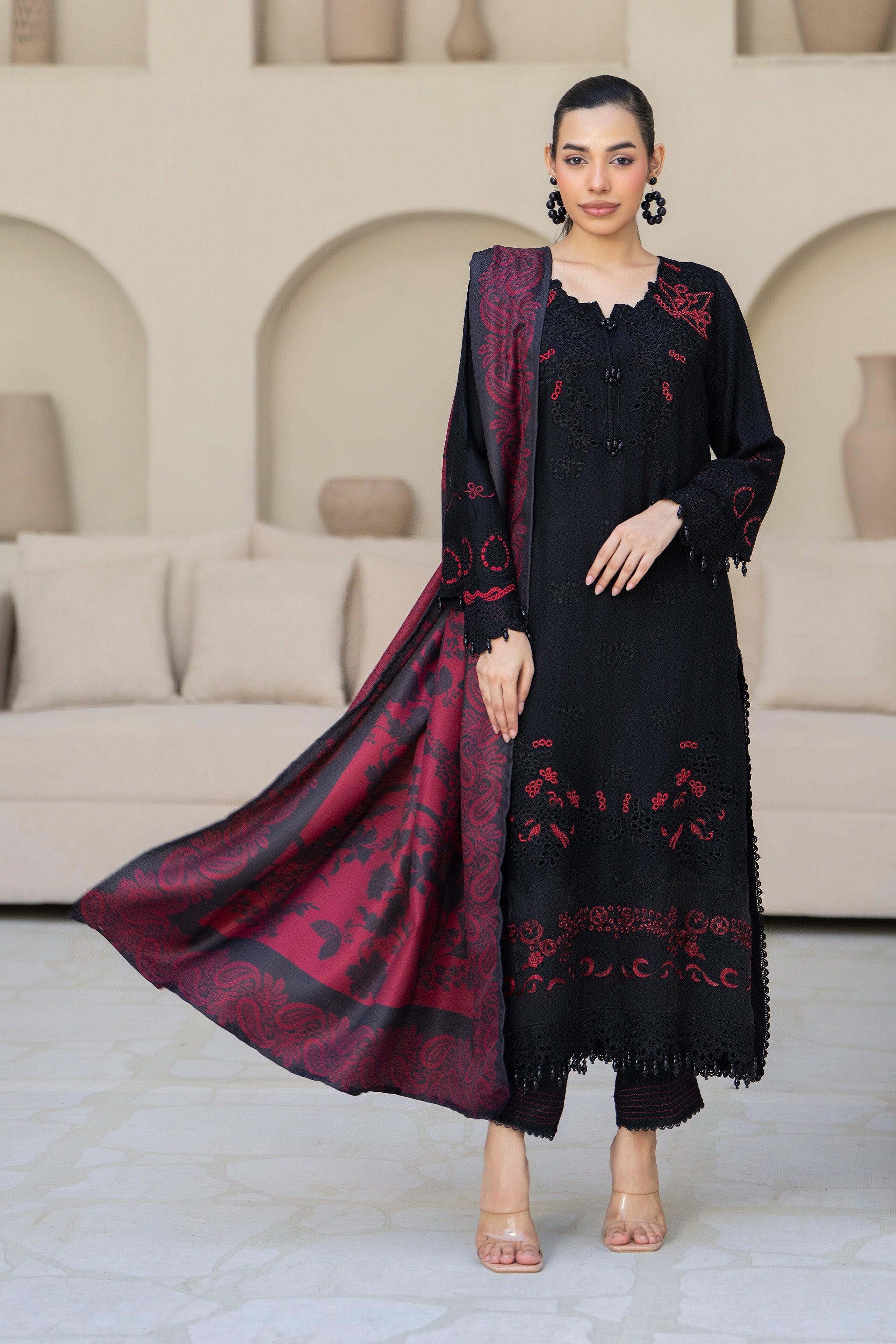 3 Piece Ready To Wear Black Twill Linen Suit - AR-3922 - ARFARIWAJ