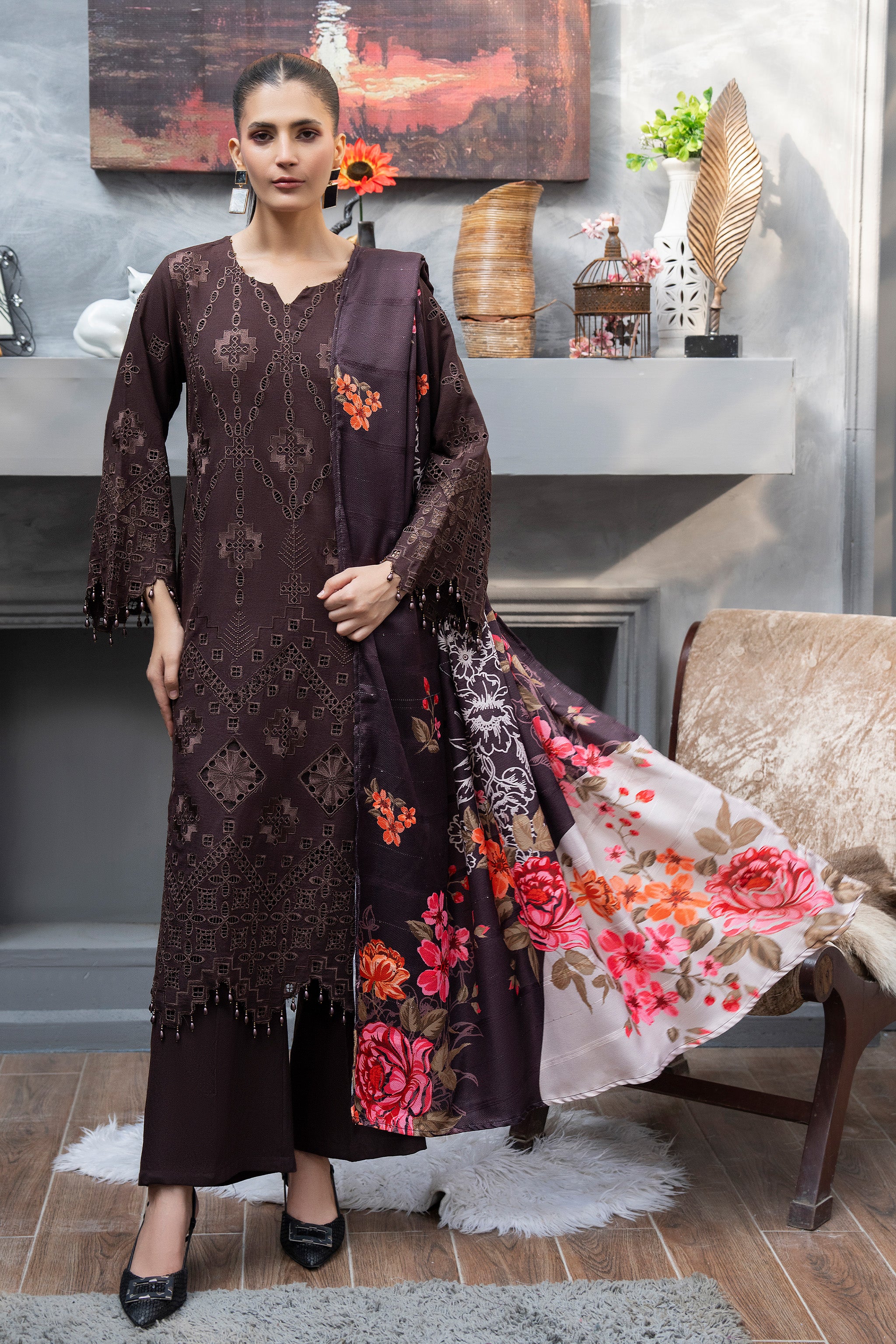 3 Piece Ready To Wear Brown Embroidered Suit - AR-3887 - ARFARIWAJ