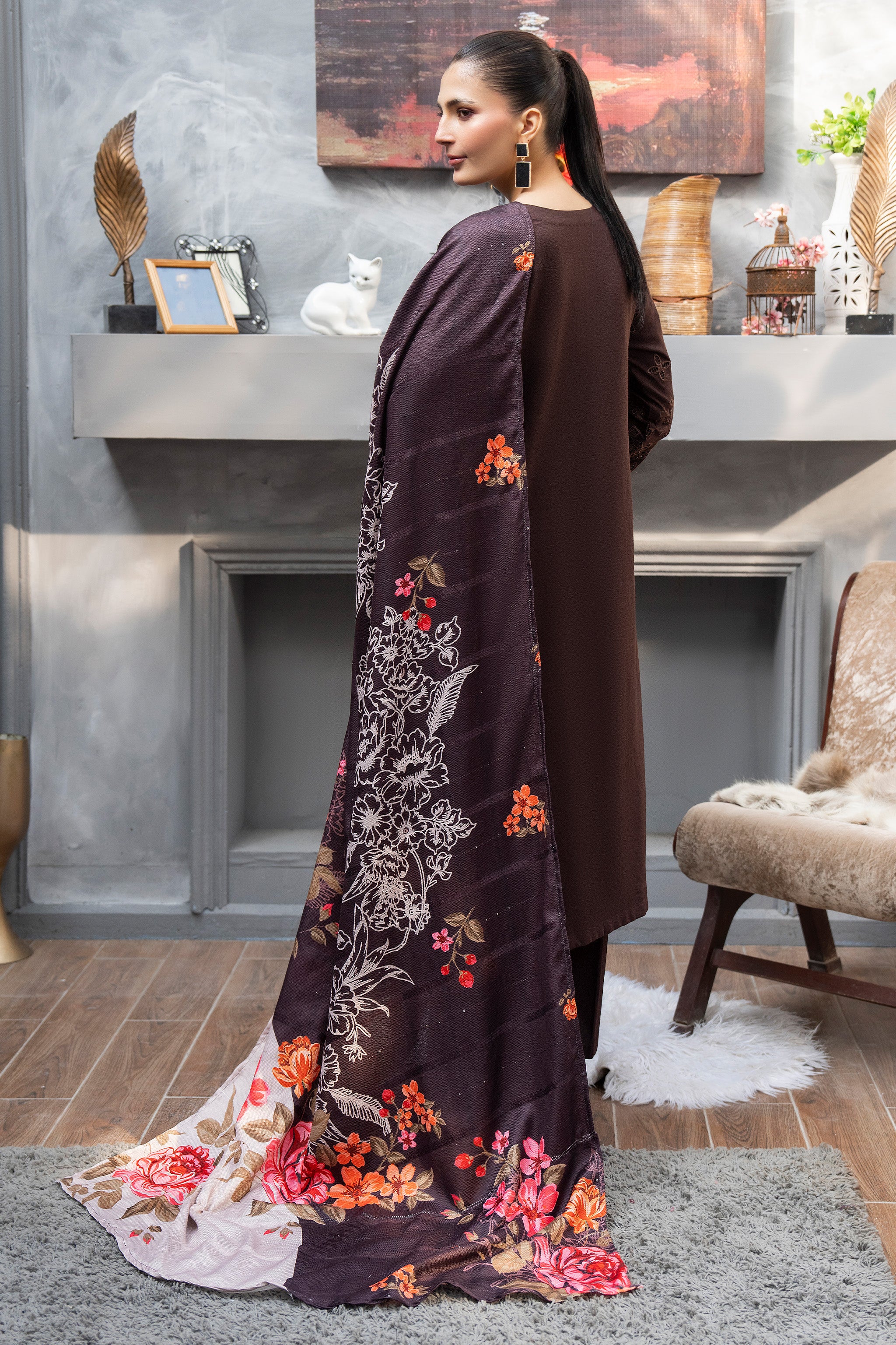 3 Piece Ready To Wear Brown Embroidered Suit - AR-3887 - ARFARIWAJ