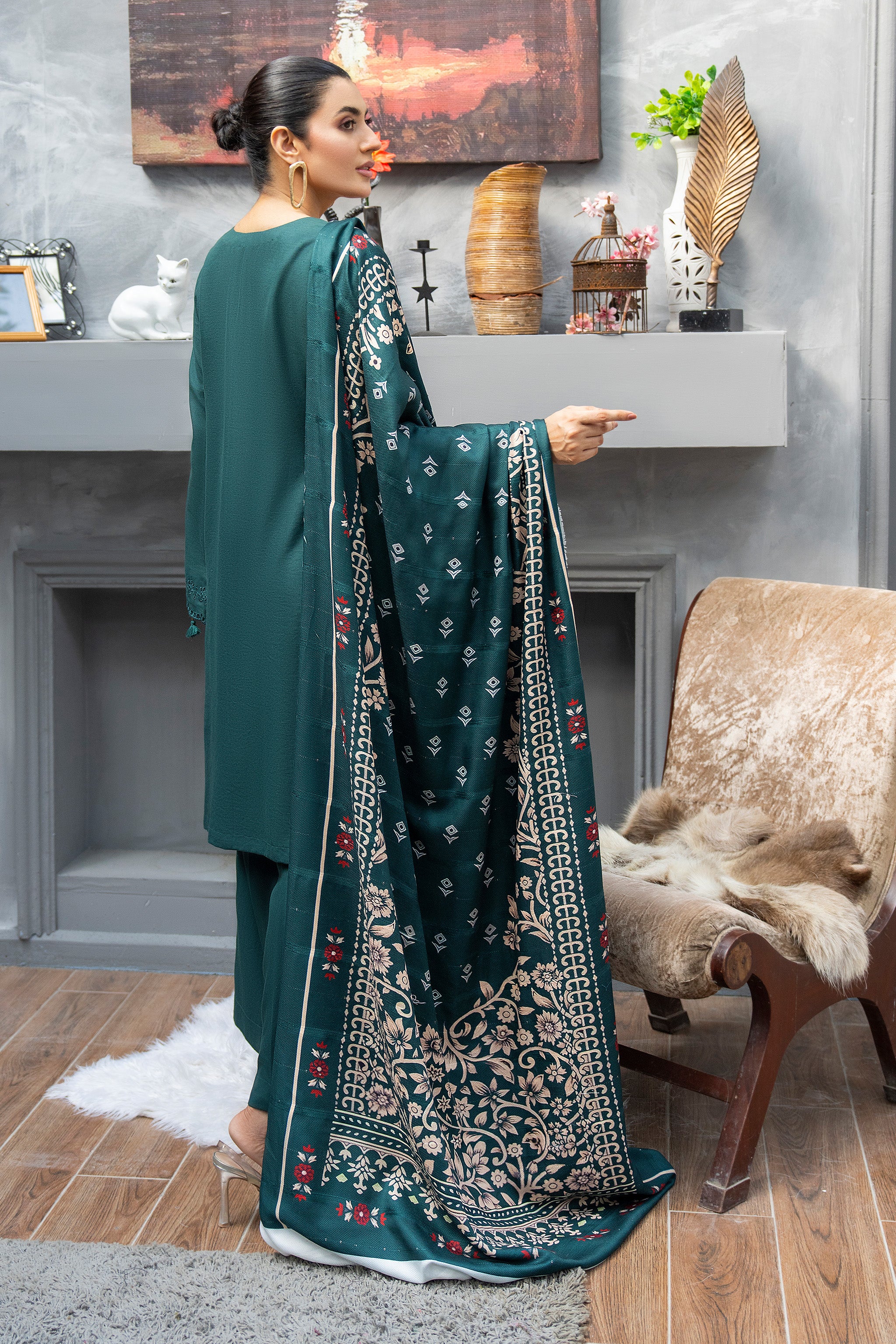 3 Piece Ready To Wear Green Embroidered Suit - AR-3891 - ARFARIWAJ