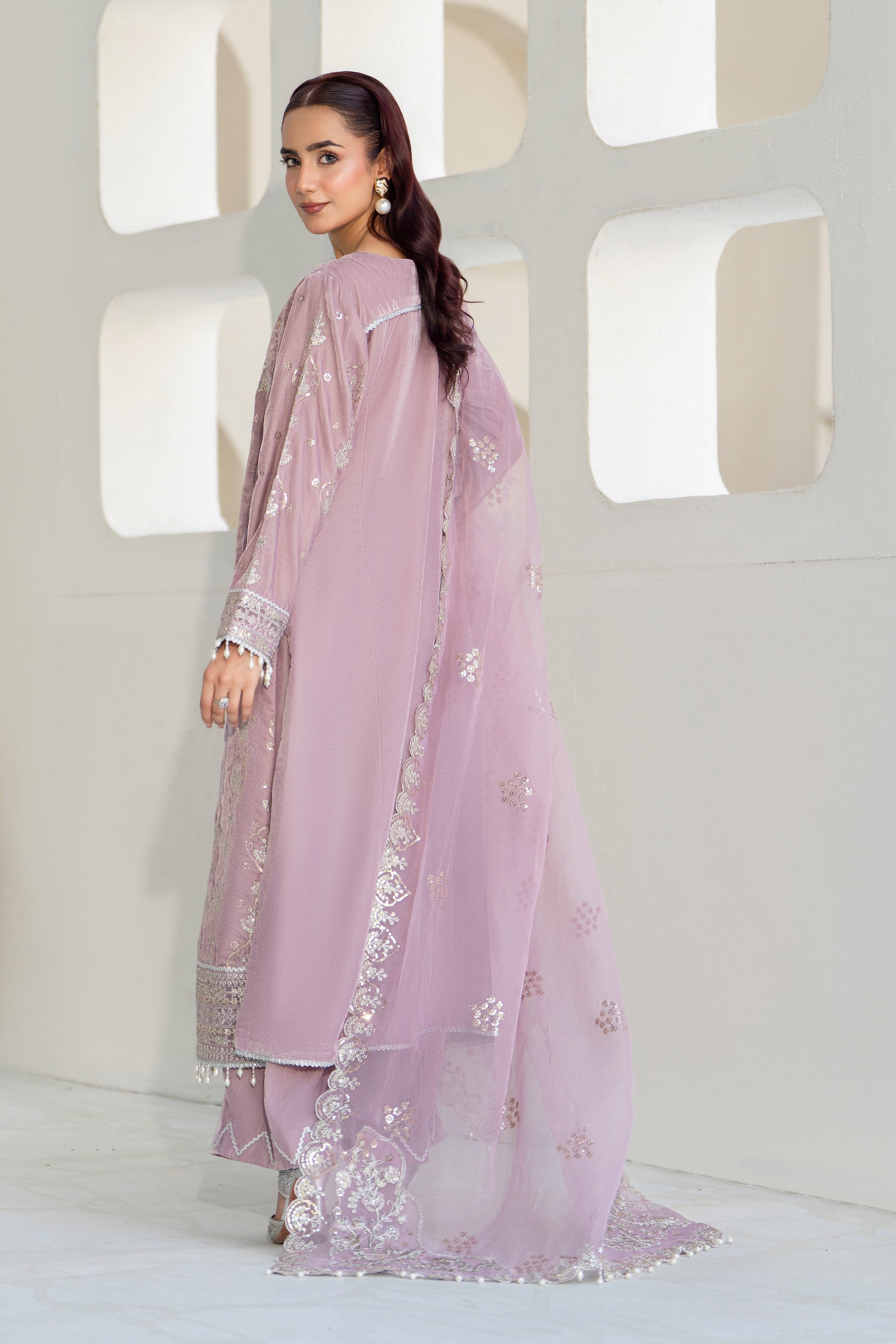 3 Piece Ready To Wear Lilac Velvet Suit - IN-390 - ARFARIWAJ