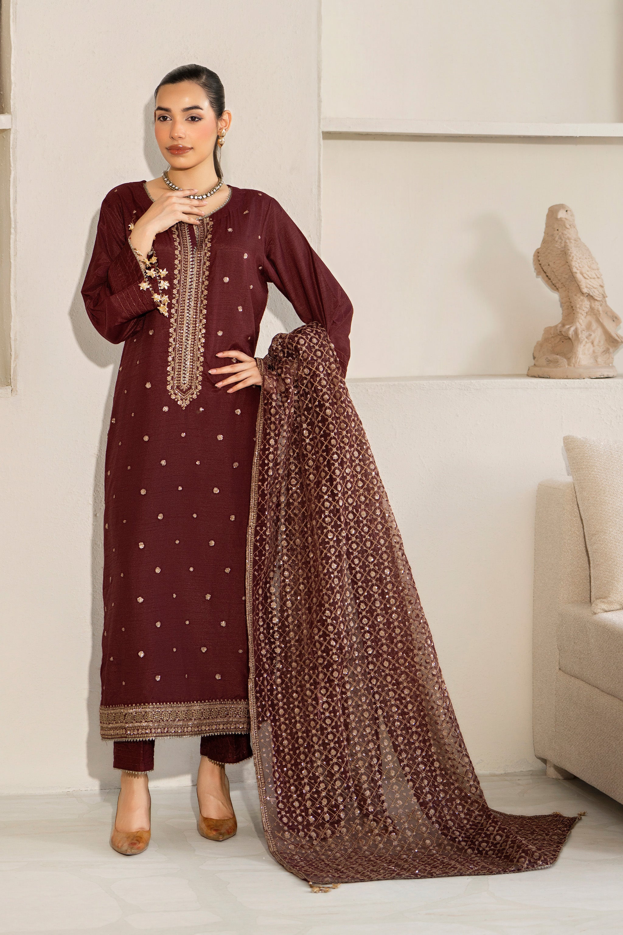 3 Piece Ready To Wear Maroon Raw Silk Suit - AR-3896 - ARFARIWAJ