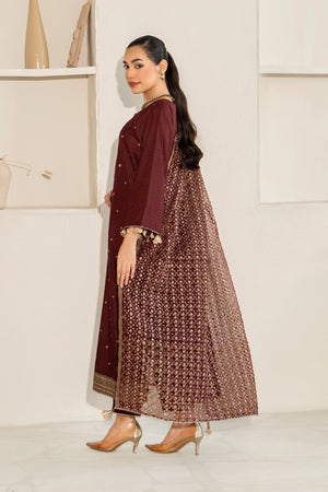 3 Piece Ready To Wear Maroon Raw Silk Suit - AR-3896 - ARFARIWAJ