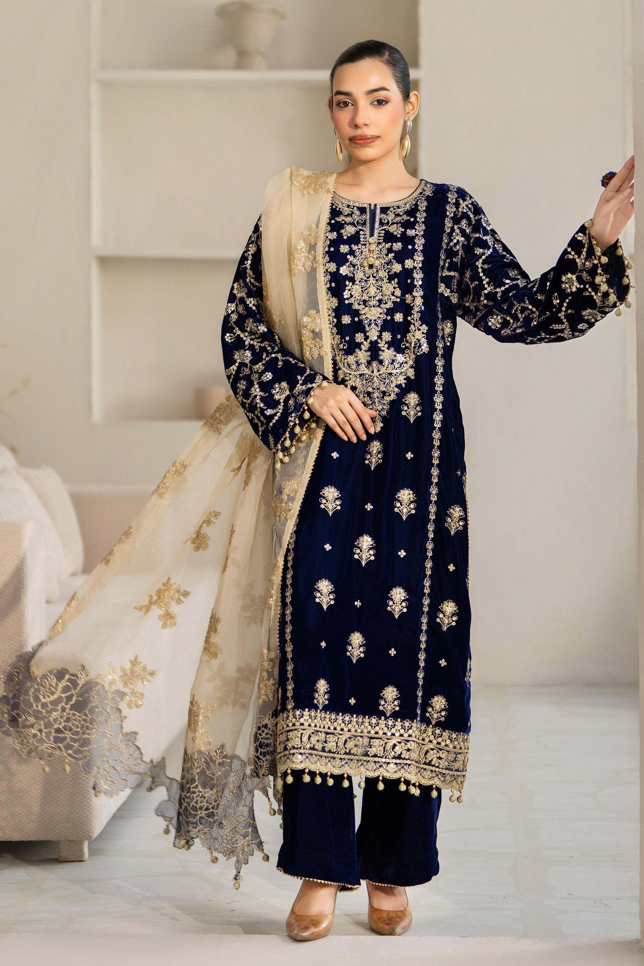 3 Piece Ready To Wear Navy Blue Velvet Suit - IN-384 - ARFARIWAJ