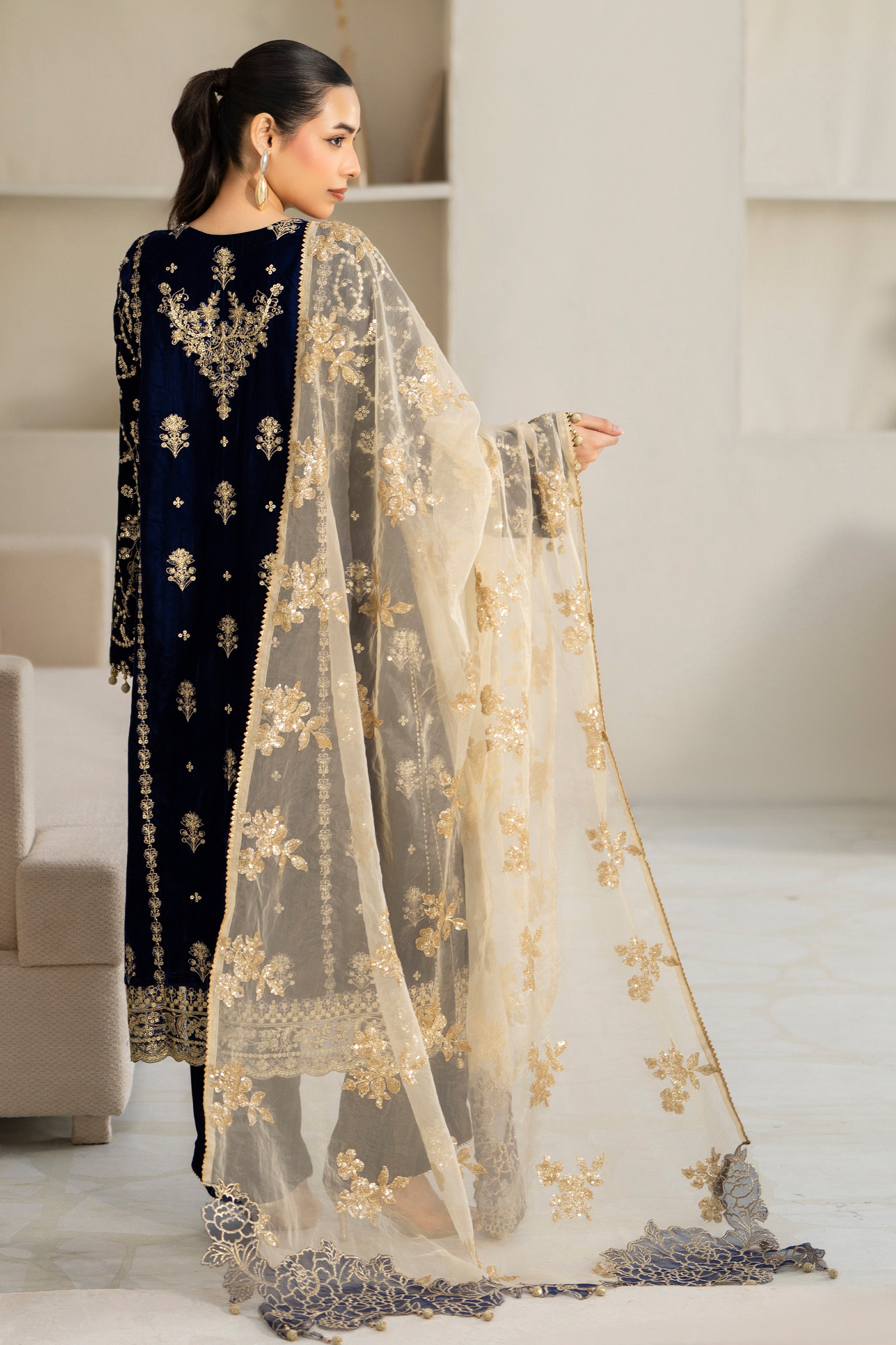 3 Piece Ready To Wear Navy Blue Velvet Suit - IN-384 - ARFARIWAJ