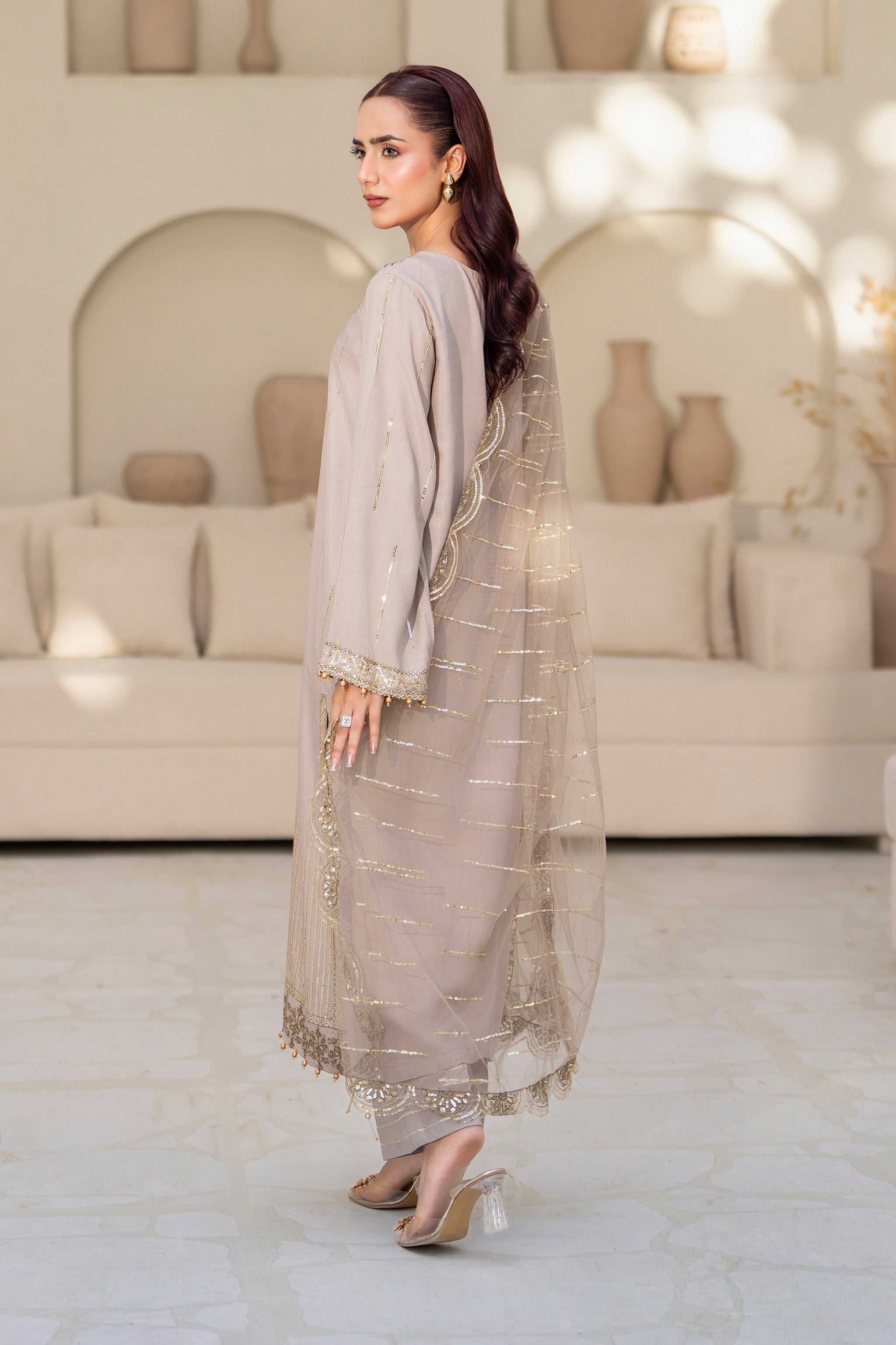 3 Piece Ready To Wear Oat Brown Viscose Suit - AR-3880 - ARFARIWAJ