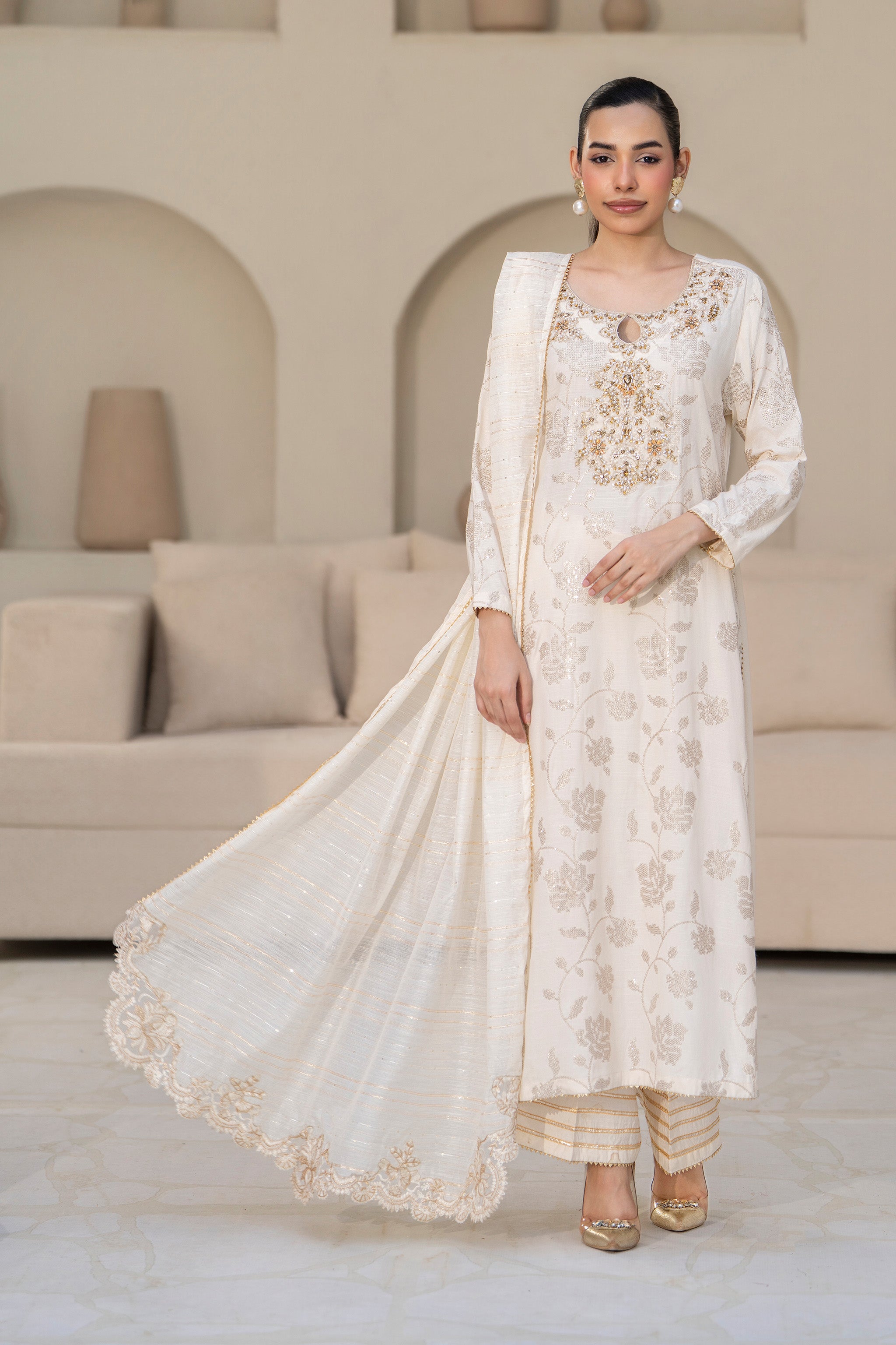 3 Piece Ready To Wear Pearl White Viscose Suit - AR-3873 - ARFARIWAJ