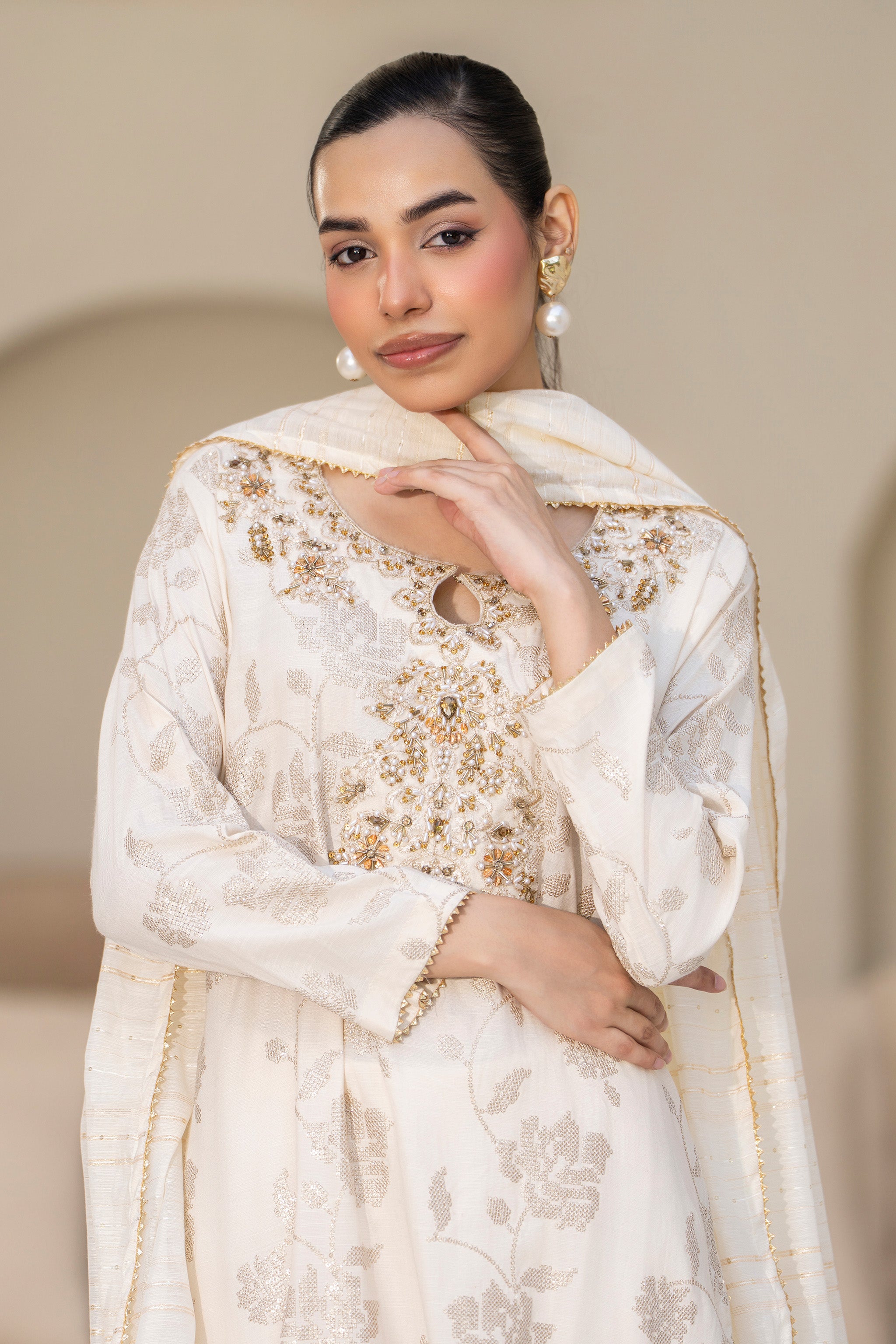3 Piece Ready To Wear Pearl White Viscose Suit - AR-3873 - ARFARIWAJ