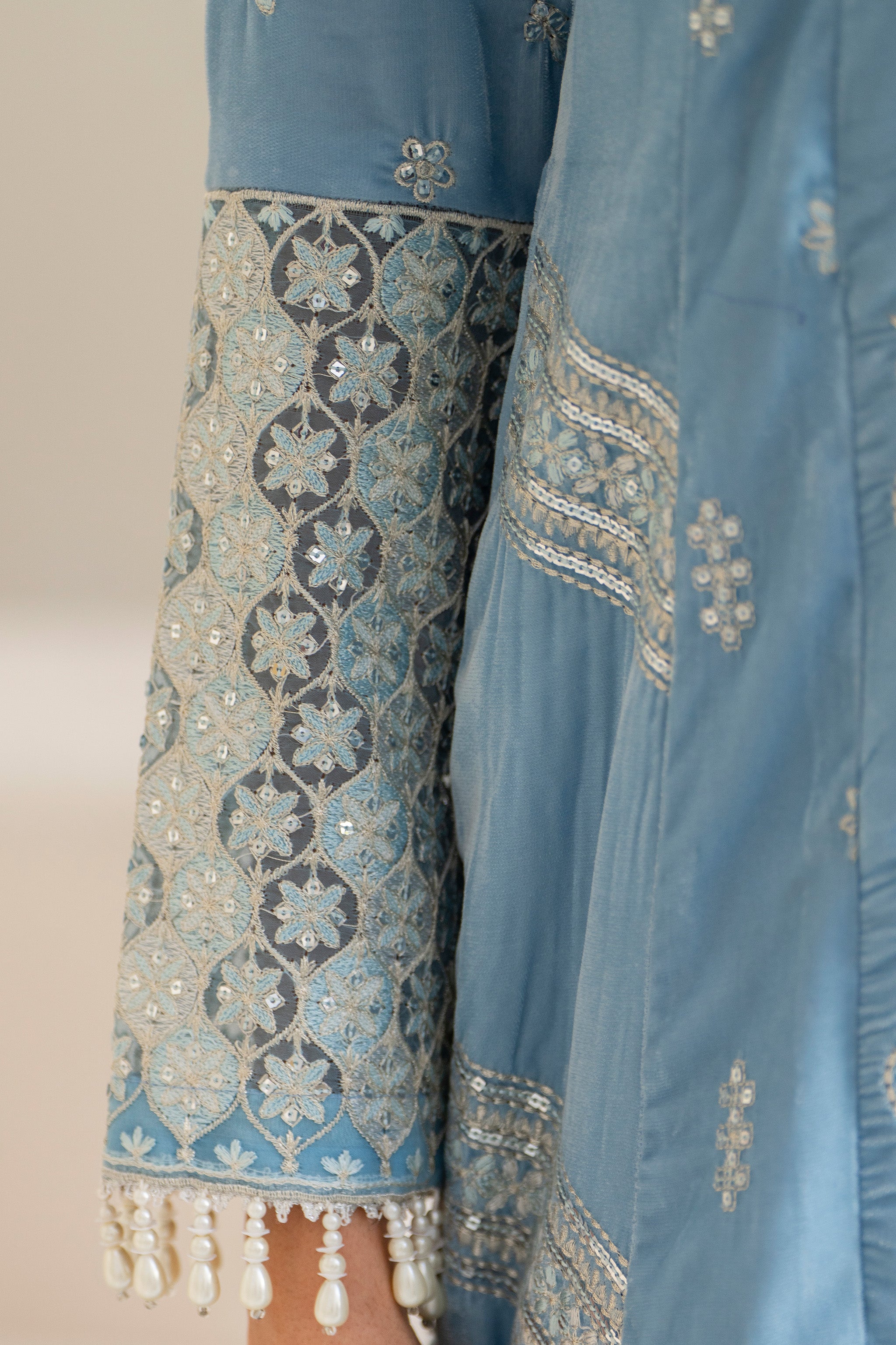 3 Piece Ready To Wear Sky Blue Velvet Suit - IN-388 - ARFARIWAJ