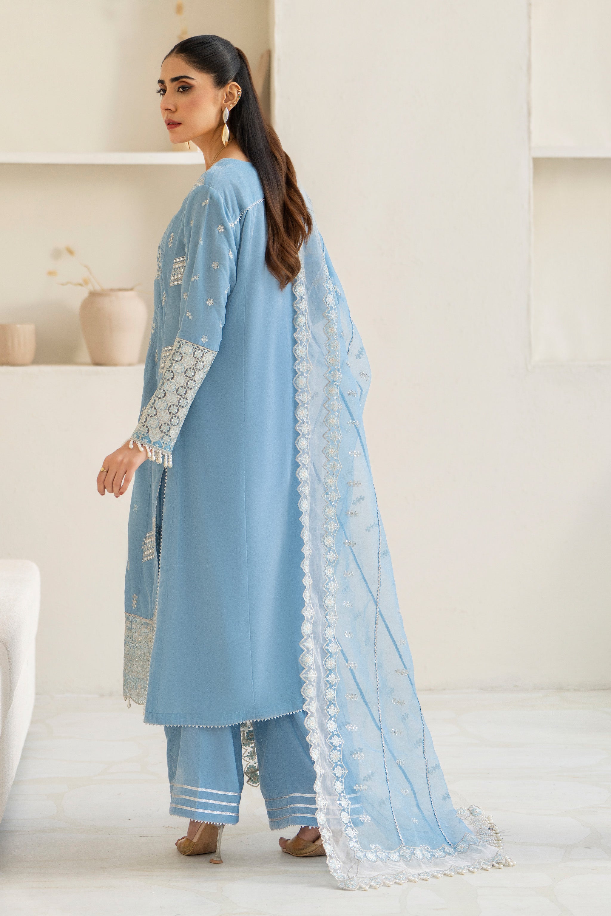 3 Piece Ready To Wear Sky Blue Velvet Suit - IN-388 - ARFARIWAJ