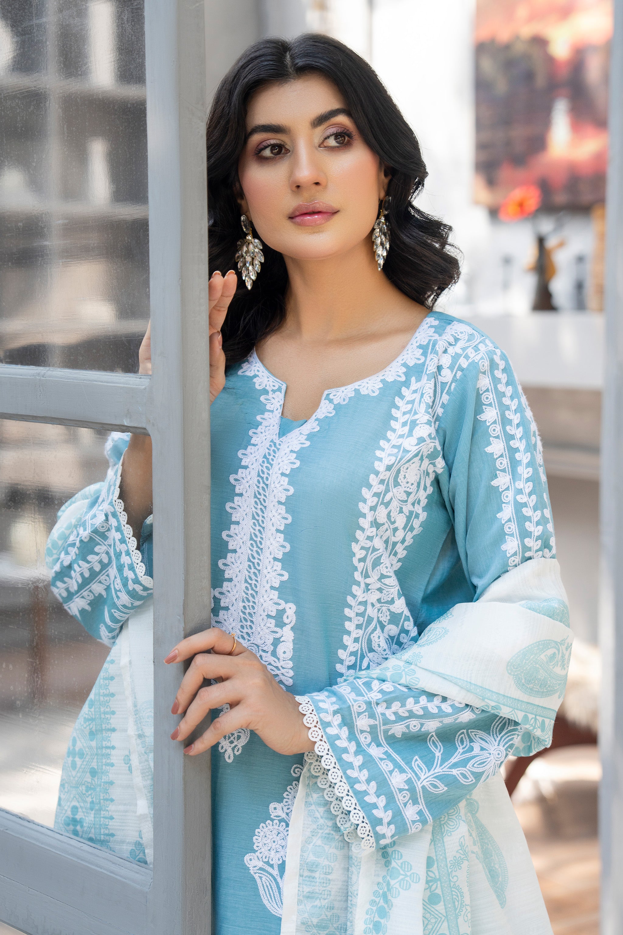 3 Piece Ready To Wear Sky Chambray Suit - AR-3825 - ArfaRiwaj