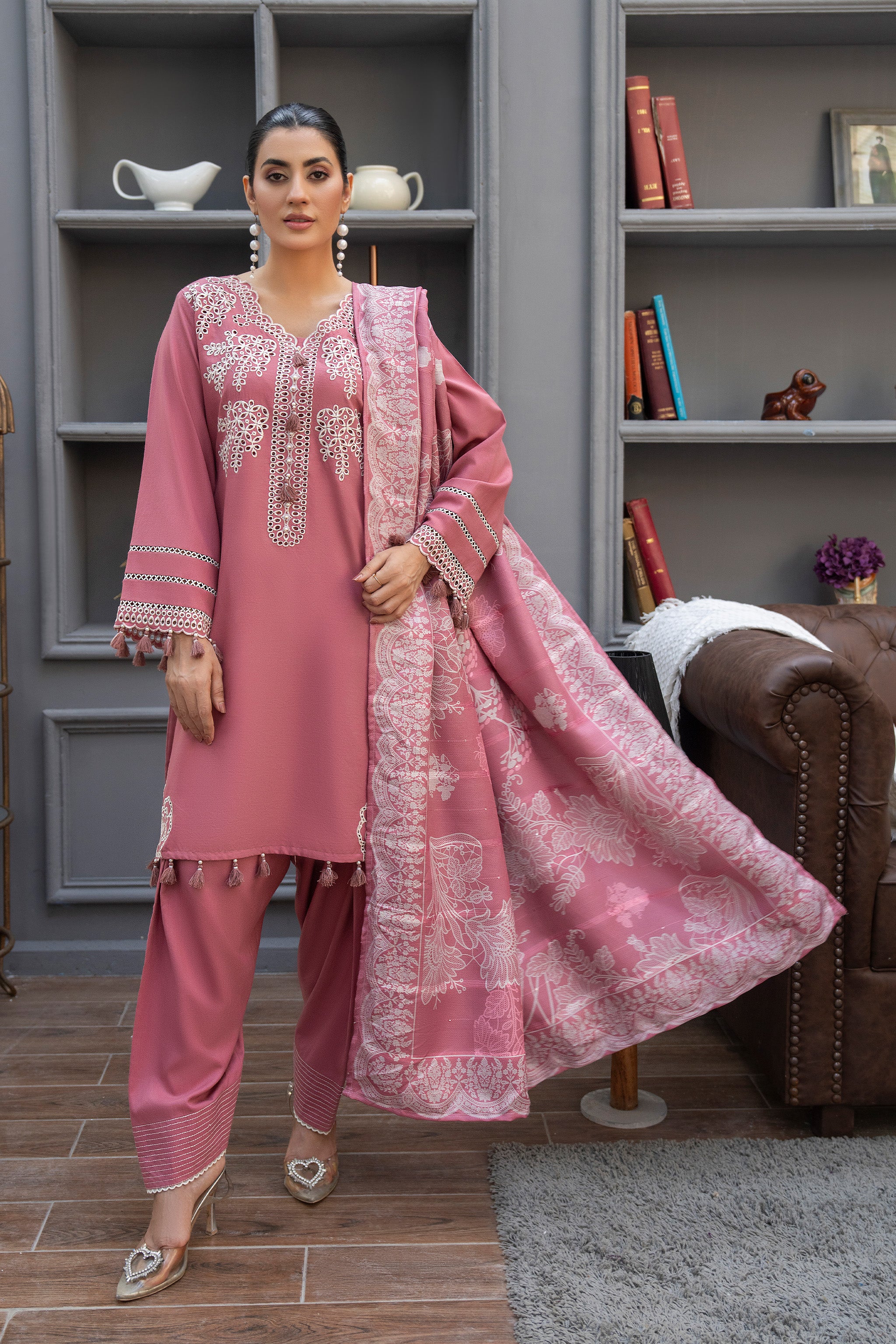 3 Piece Ready To Wear Tea Pink Embroidered Suit - AR-3899 - ARFARIWAJ
