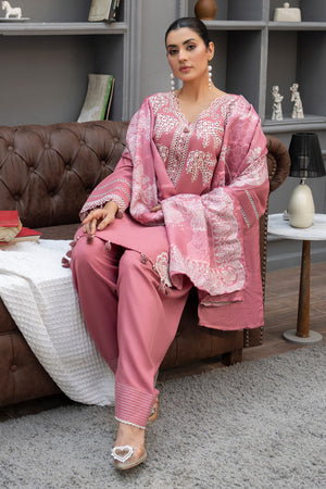3 Piece Ready To Wear Tea Pink Embroidered Suit - AR-3899 - ARFARIWAJ