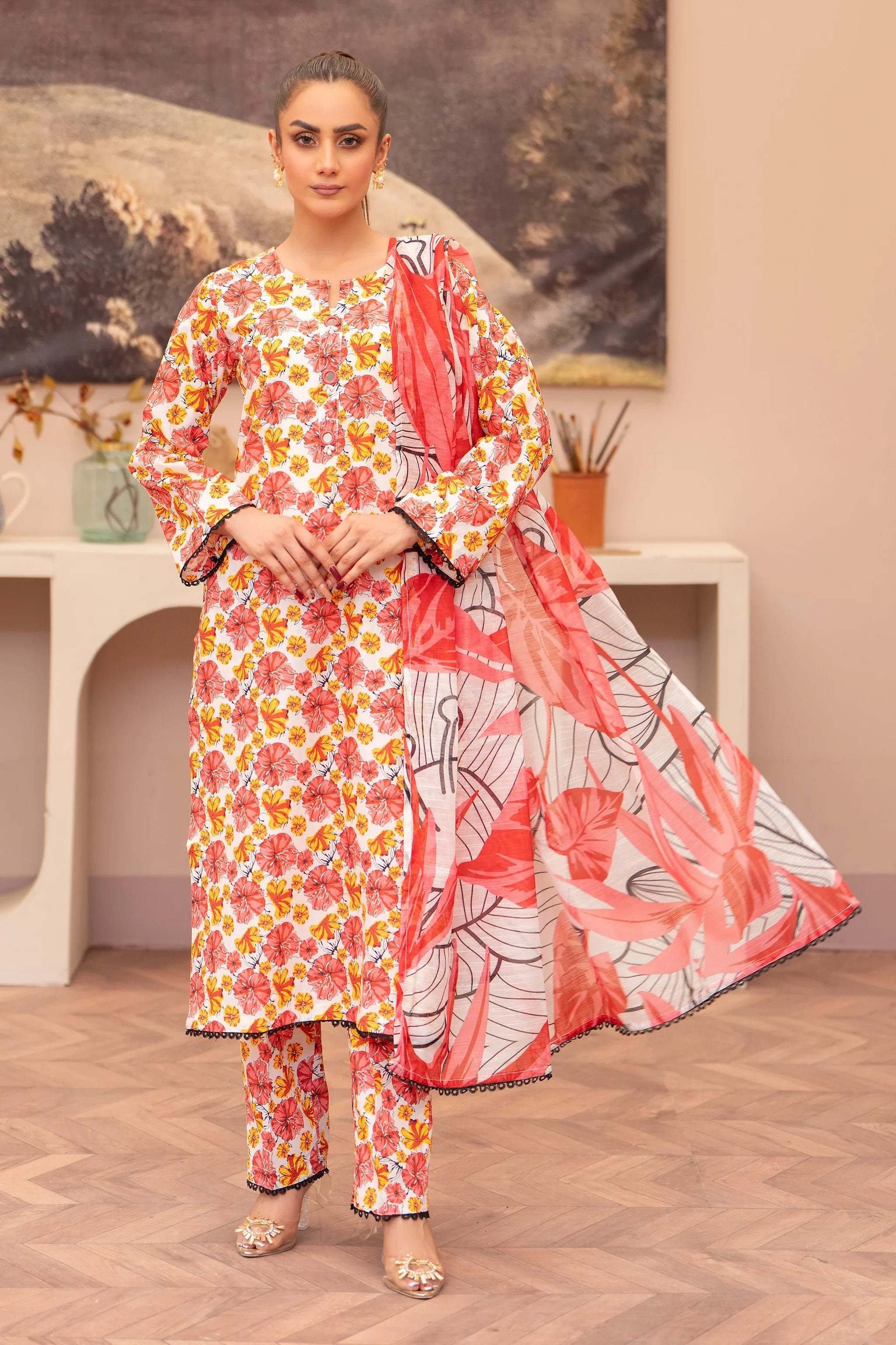 3 Piece Red and White Suit Pret - AR-3701 - ARFARIWAJ