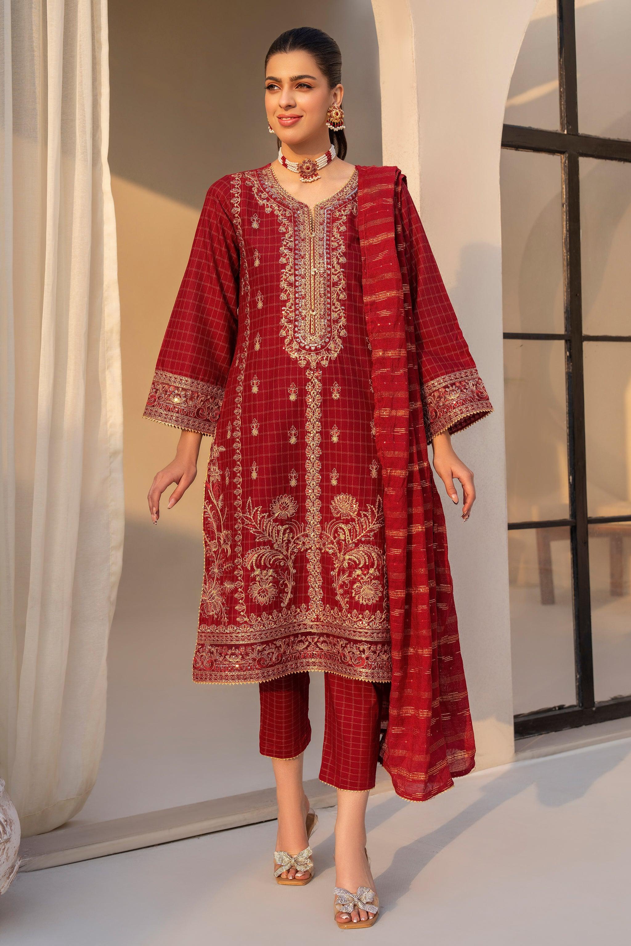 3 Piece Scarlet Red Grid Lawn Suit Pret - AR-3652 - ARFARIWAJ