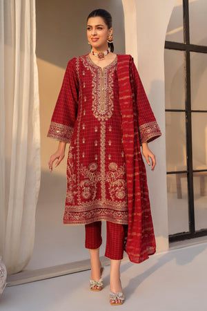 3 Piece Scarlet Red Grid Lawn Suit Pret - AR-3652 - ARFARIWAJ