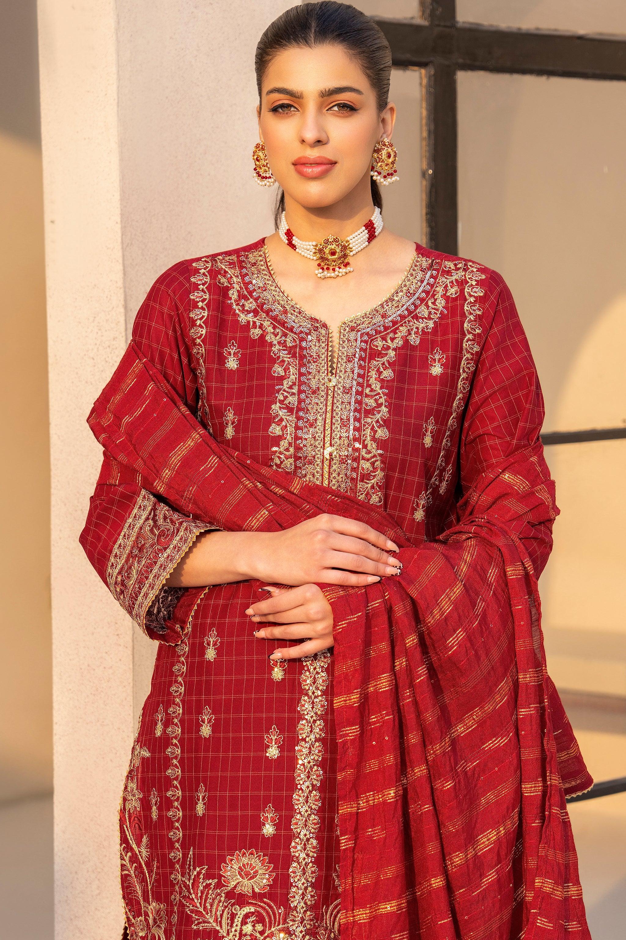 3 Piece Scarlet Red Grid Lawn Suit Pret - AR-3652 - ARFARIWAJ