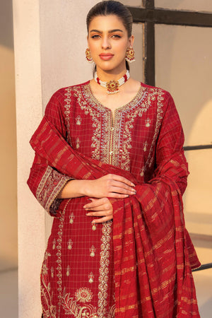 3 Piece Scarlet Red Grid Lawn Suit Pret - AR-3652 - ARFARIWAJ