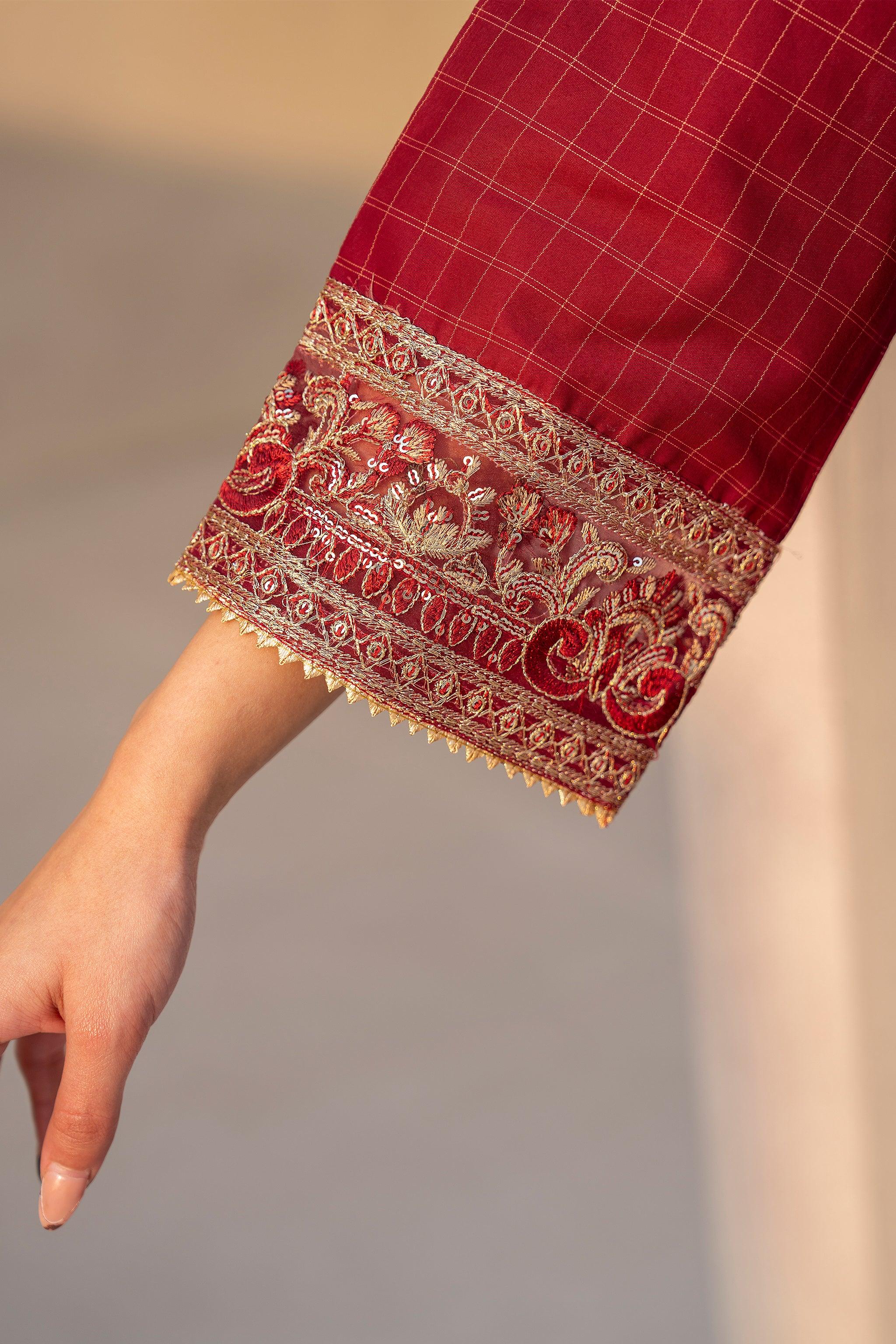 3 Piece Scarlet Red Grid Lawn Suit Pret - AR-3652 - ARFARIWAJ