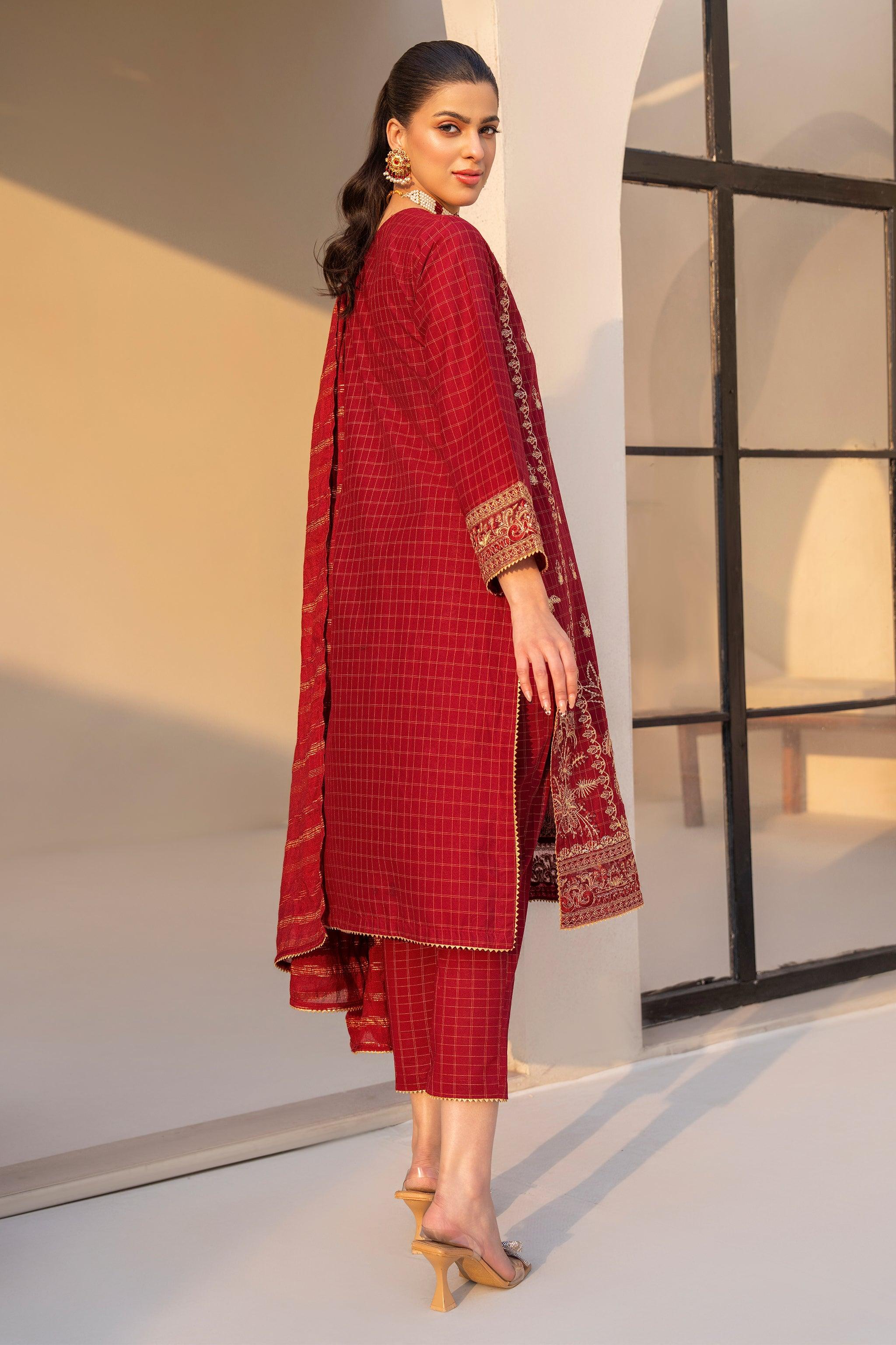 3 Piece Scarlet Red Grid Lawn Suit Pret - AR-3652 - ARFARIWAJ