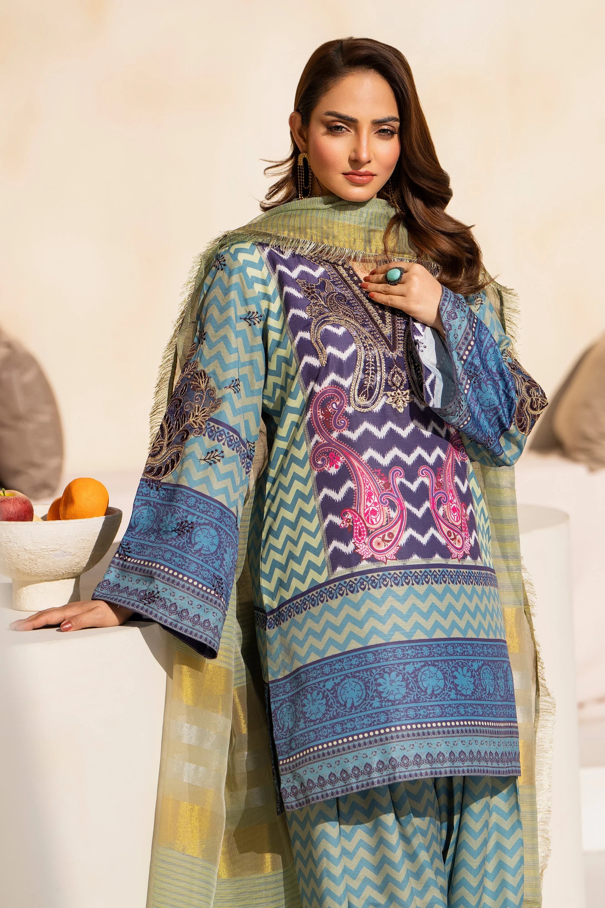 3 Piece Sea Green Viscose Raw Silk Suit Pret - AR-3735 - ARFARIWAJ