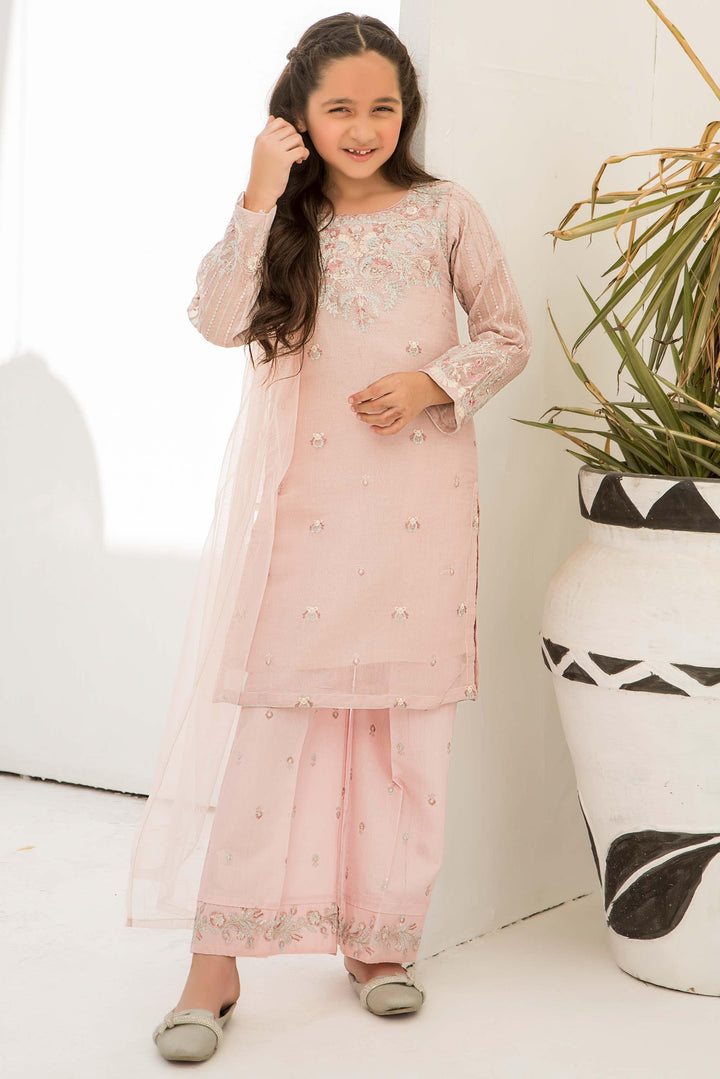 3 piece Pink Zari Net Suit Kids - K-572 - ARFARIWAJ