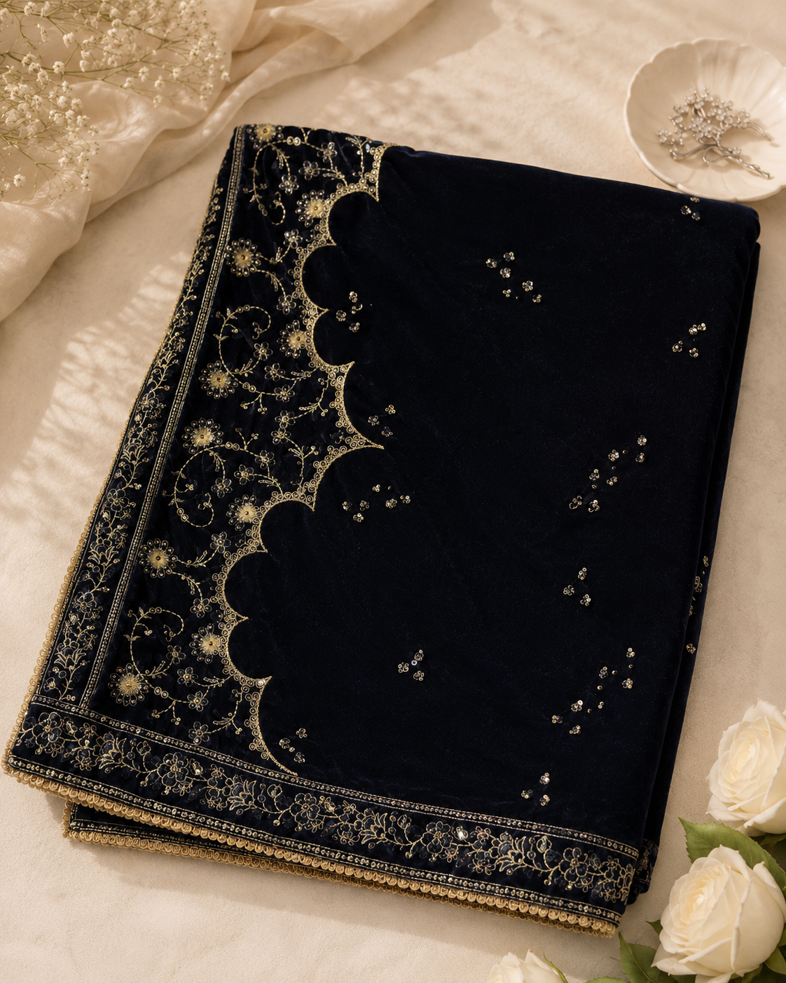 Black Embroided Velvet Shawl