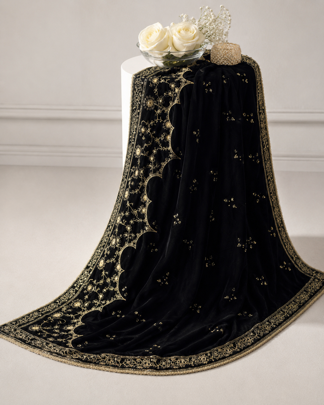Black Embroided Velvet Shawl