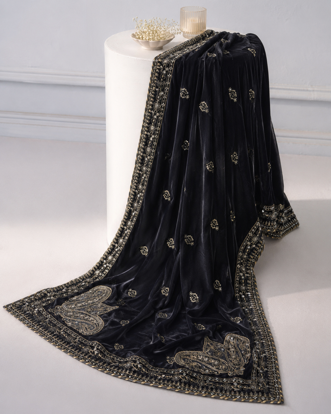 Black Embroided Velvet Shawl