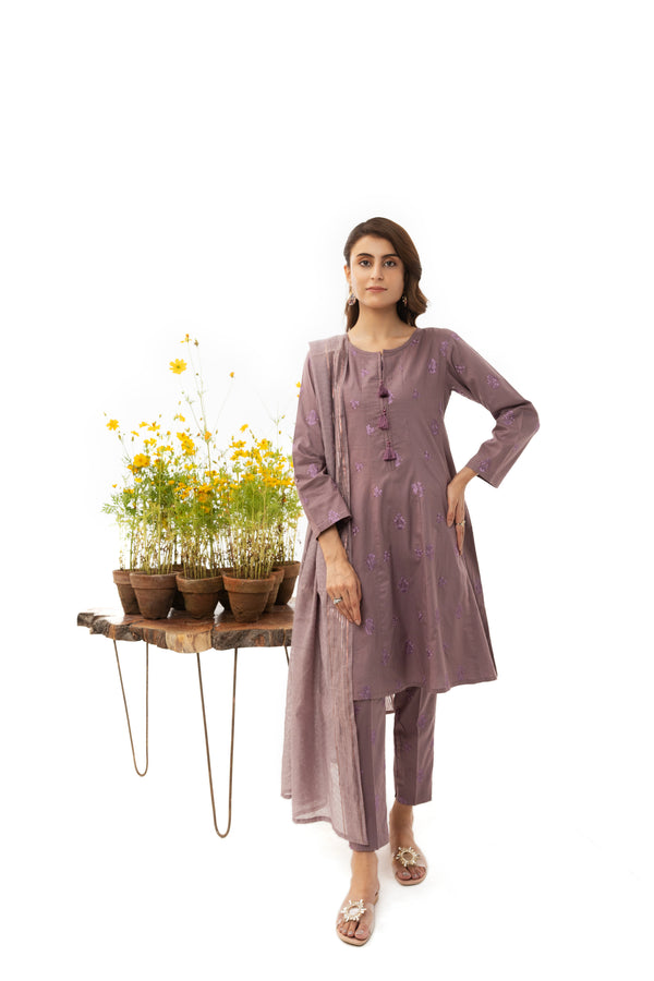 3 Piece Embroidered Cotton Suit - AR-2924-S23 (Lavender) - ARFARIWAJ