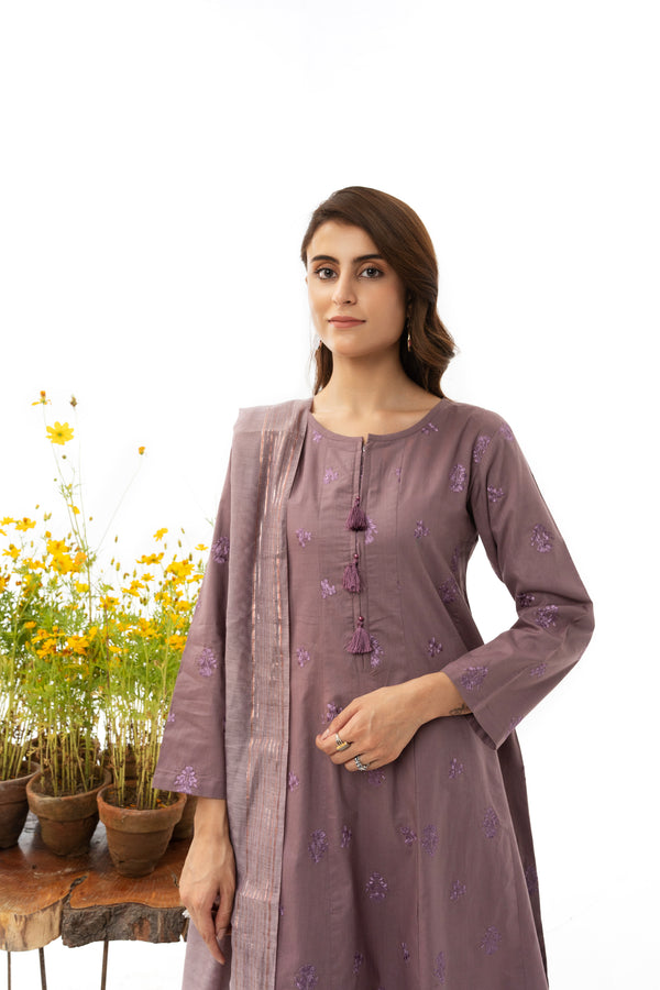 3 Piece Embroidered Cotton Suit - AR-2924-S23 (Lavender) - ARFARIWAJ