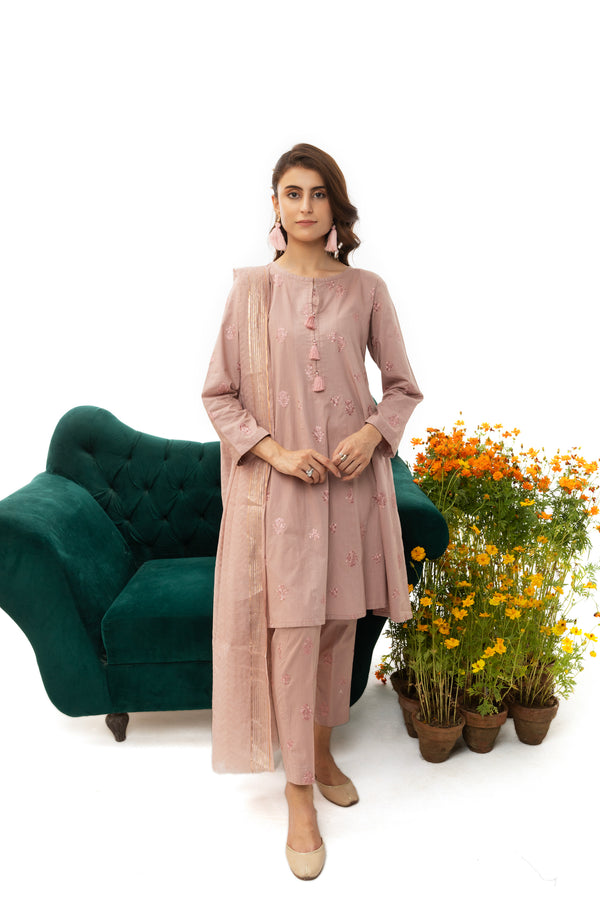 3 Piece Embroidered Cotton Suit - AR-2924-S23 (Pink Pearl) - ARFARIWAJ