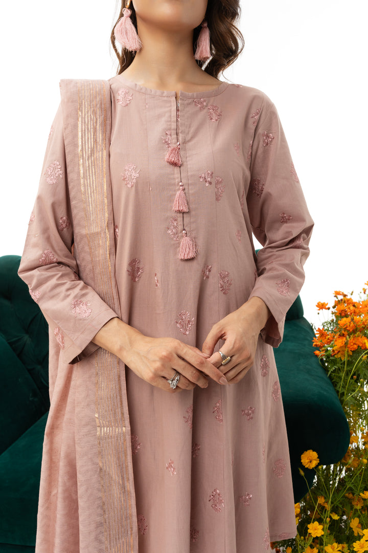 3 Piece Embroidered Cotton Suit - AR-2924-S23 (Pink Pearl) - ARFARIWAJ