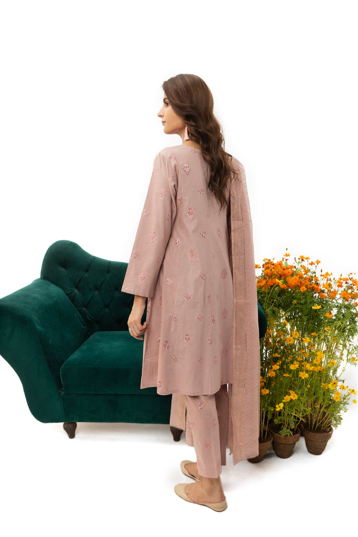 3 Piece Embroidered Cotton Suit - AR-2924-S23 (Pink Pearl) - ARFARIWAJ