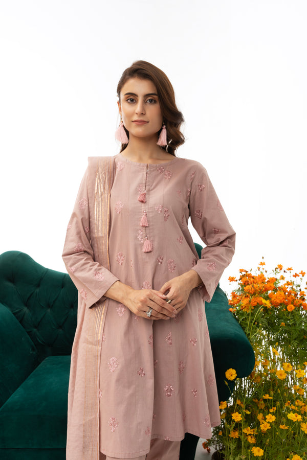 3 Piece Embroidered Cotton Suit - AR-2924-S23 (Pink Pearl) - ARFARIWAJ