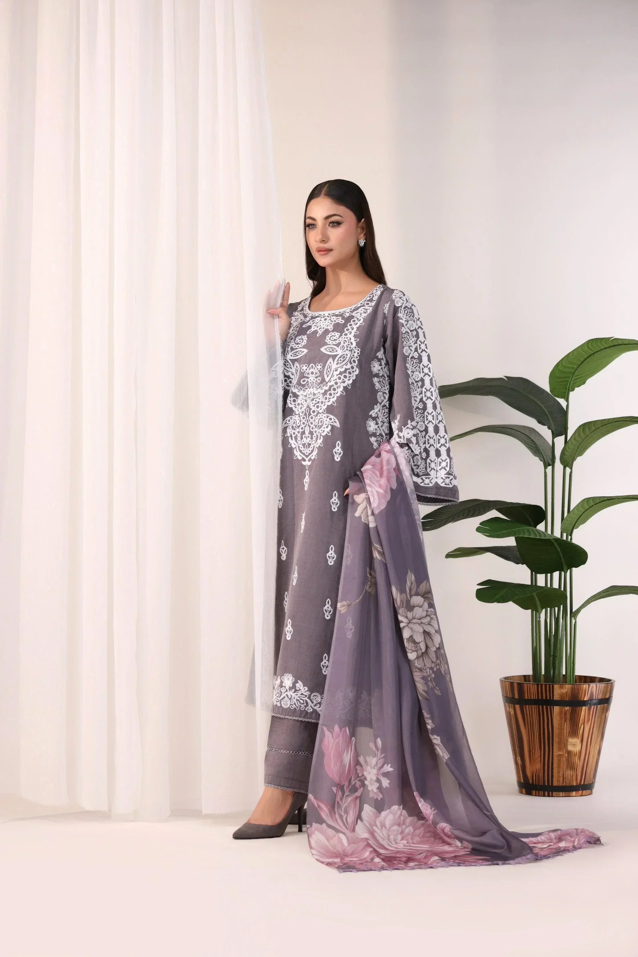 SMOKE 3 Piece Embroidered Ready To Wear - AR-3396-Smoke - ARFARIWAJ