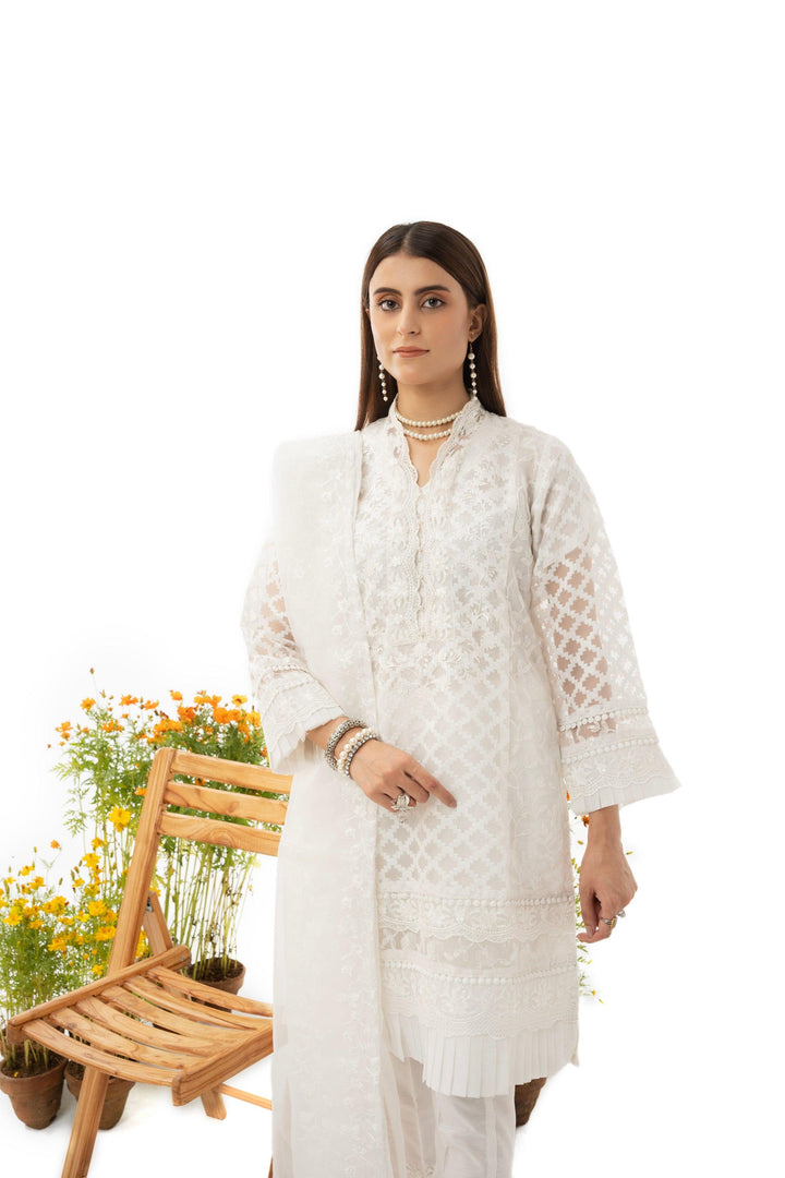 3 Piece Embroidered Organza Jacquard Suit - IN-28(WHITE DOVE) S-23 - ARFARIWAJ