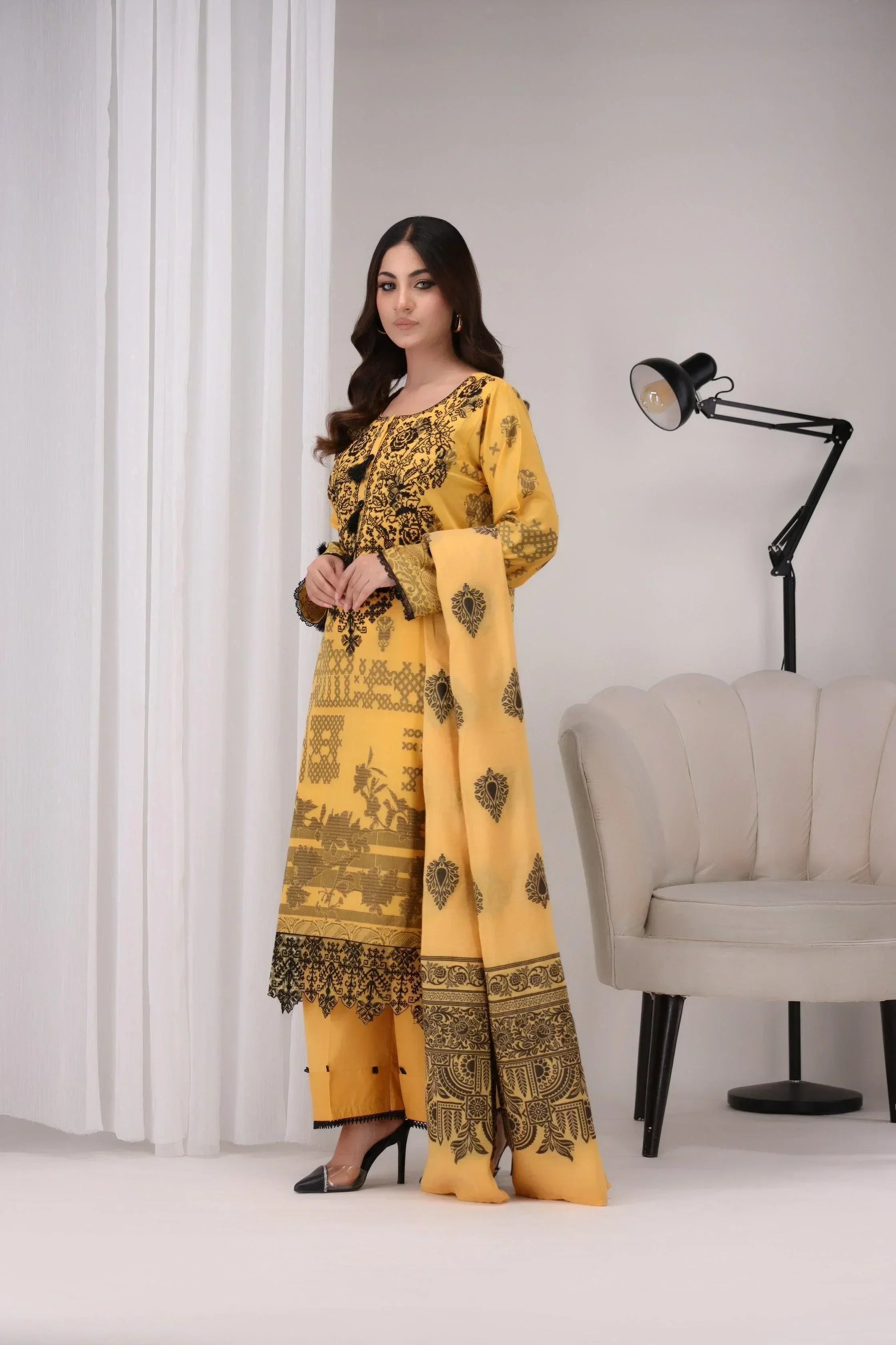 Yellow 3PC Luxury Ready To Wear - AR-3187-kysari - ARFARIWAJ