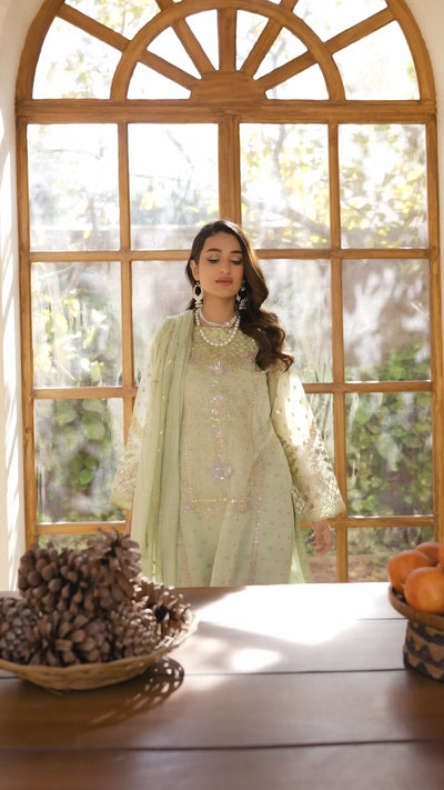 3 Piece Pistachio Zari Jacquard RTW - AR-3736 - ARFARIWAJ