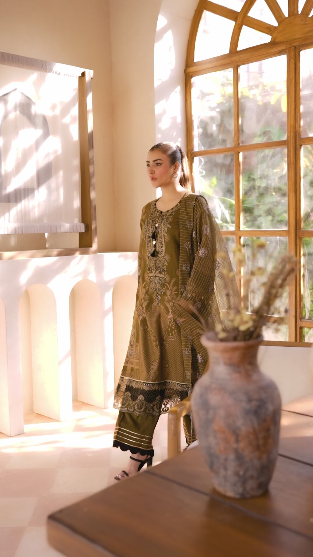 3PC Olive Green Jacquard Ready To Wear - AR-3682 - ARFARIWAJ