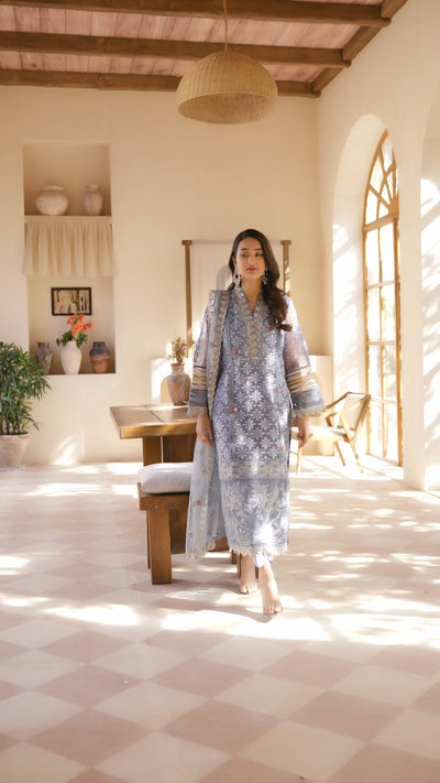 3 Piece Ivory Blue Self Organza Suit Pret - AR-3731 - ARFARIWAJ